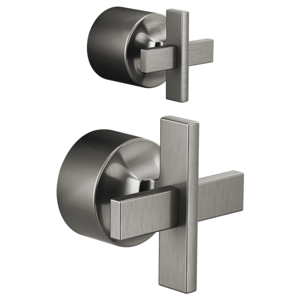 Two brushed nickel cross-handle valve trims with round trim rings and rectangular escutcheons for pressure balance diverter i