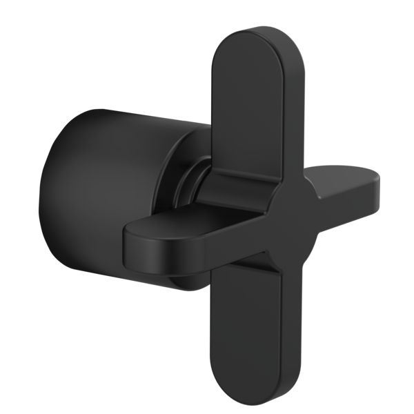 Black matte finish diverter trim with cross-shaped handle and cylindrical spout for shower system installation.