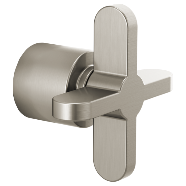 Brushed nickel diverter trim with cross handle and cylindrical valve body for shower or bath installation.