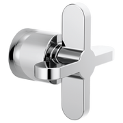 Chrome diverter trim with cross handle and circular valve body for shower/bath control.