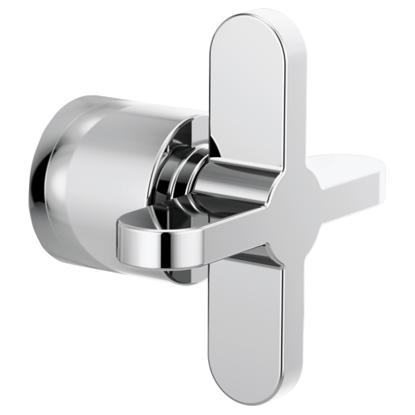 Chrome diverter trim with cross handle and circular valve body for shower/bath control.