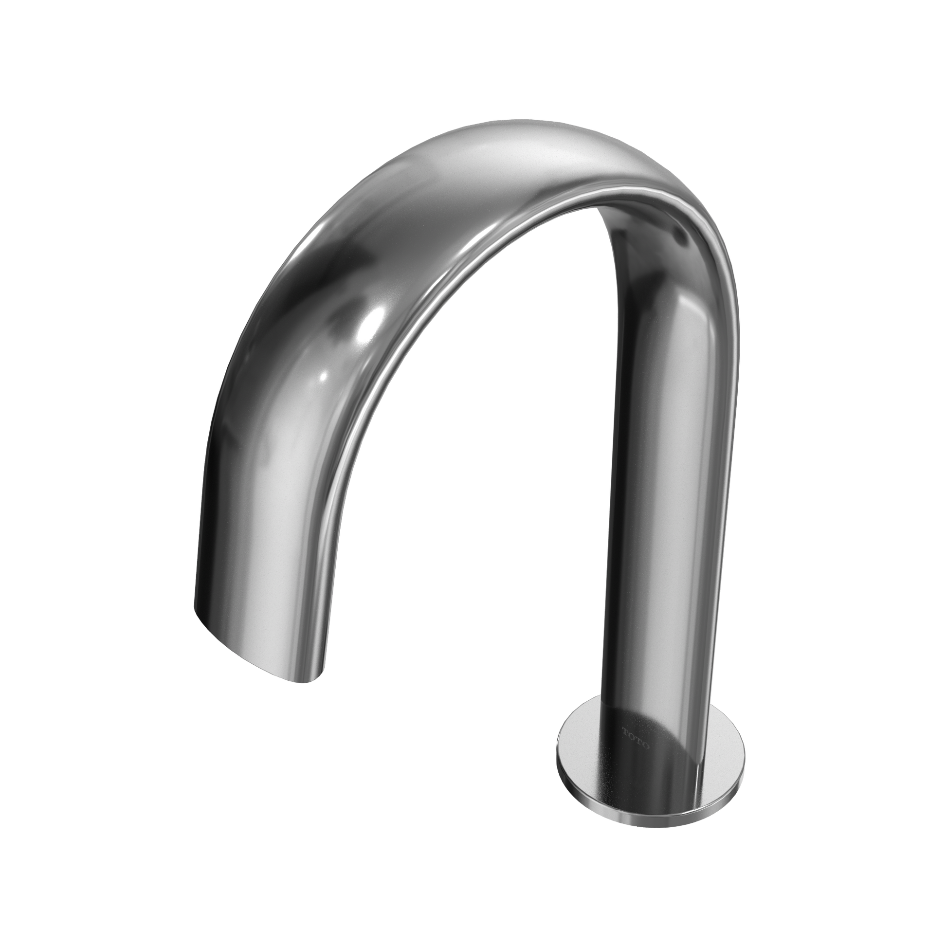 Polished chrome gooseneck bathroom faucet with curved spout and round base on white background.