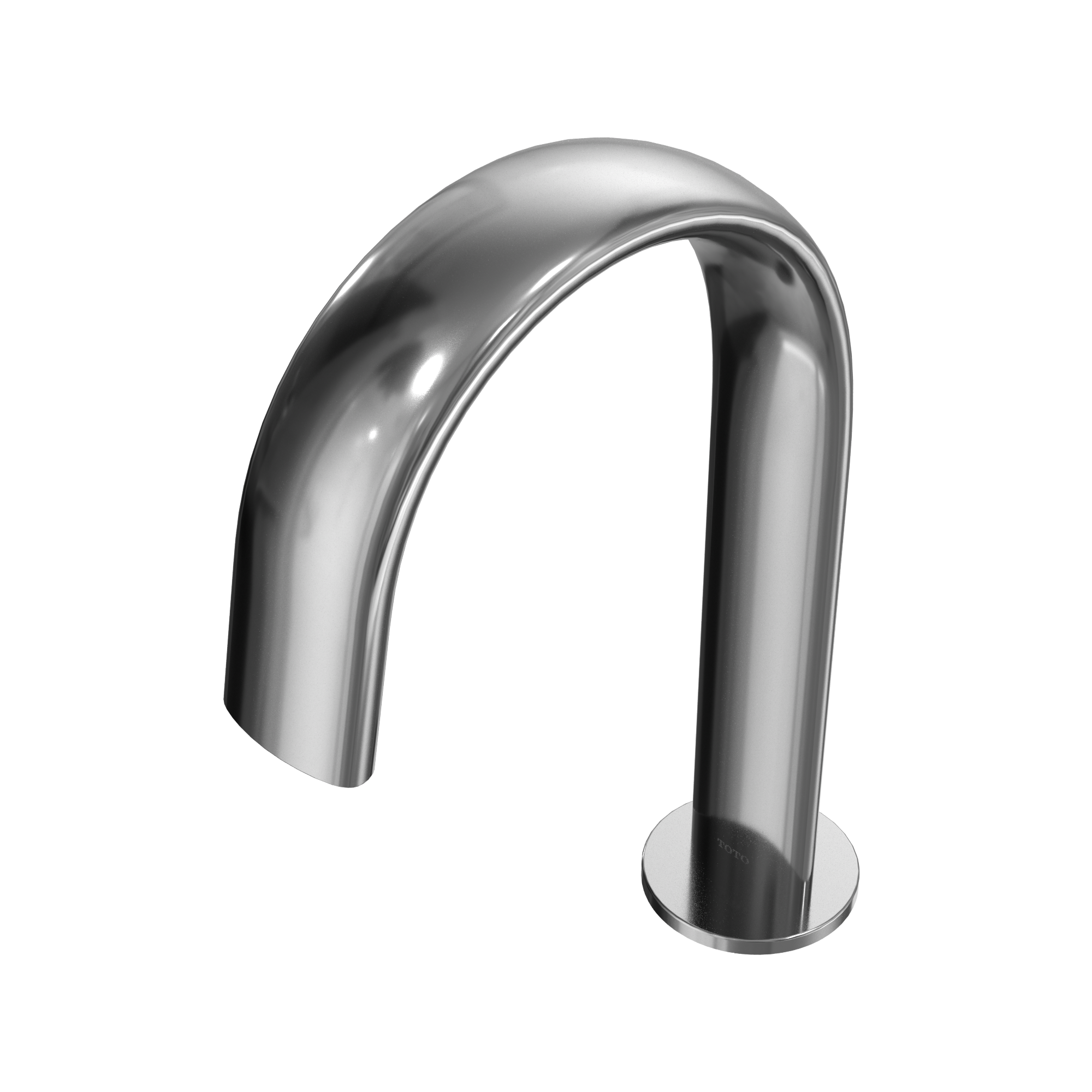 Polished chrome gooseneck bathroom faucet with curved spout and round base on white background.