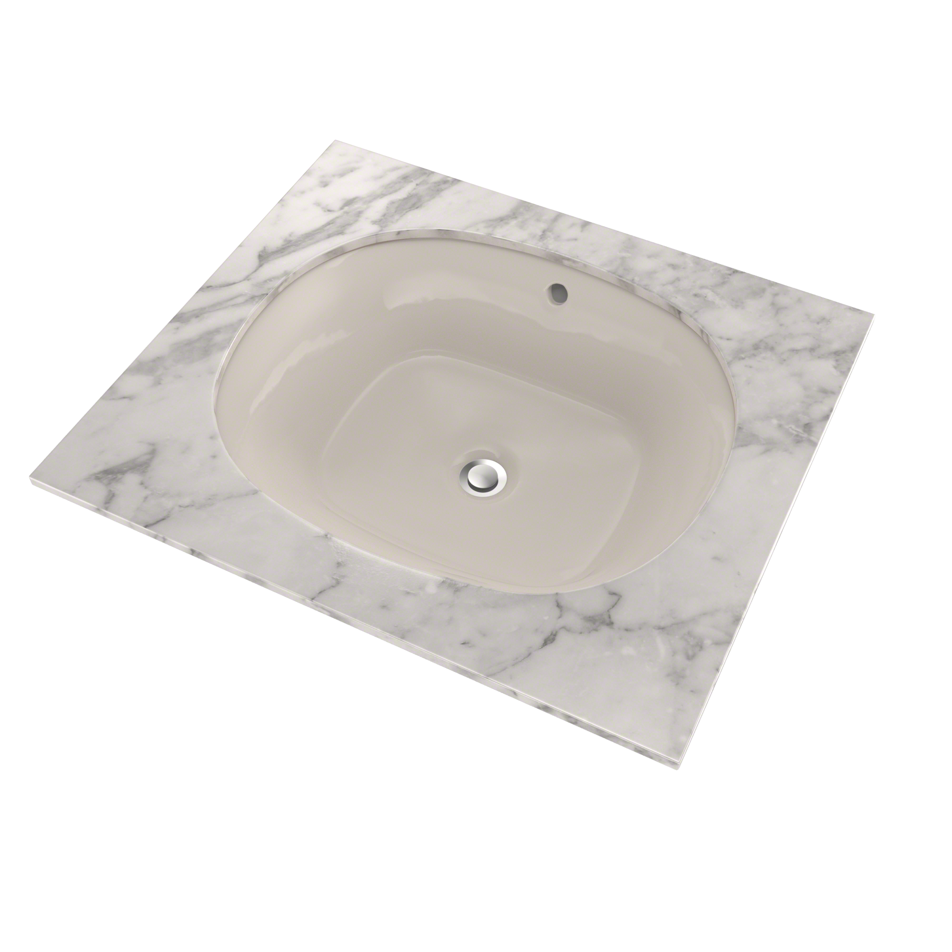 Sedona beige oval undermount sink with single drain hole set in white marble countertop.
