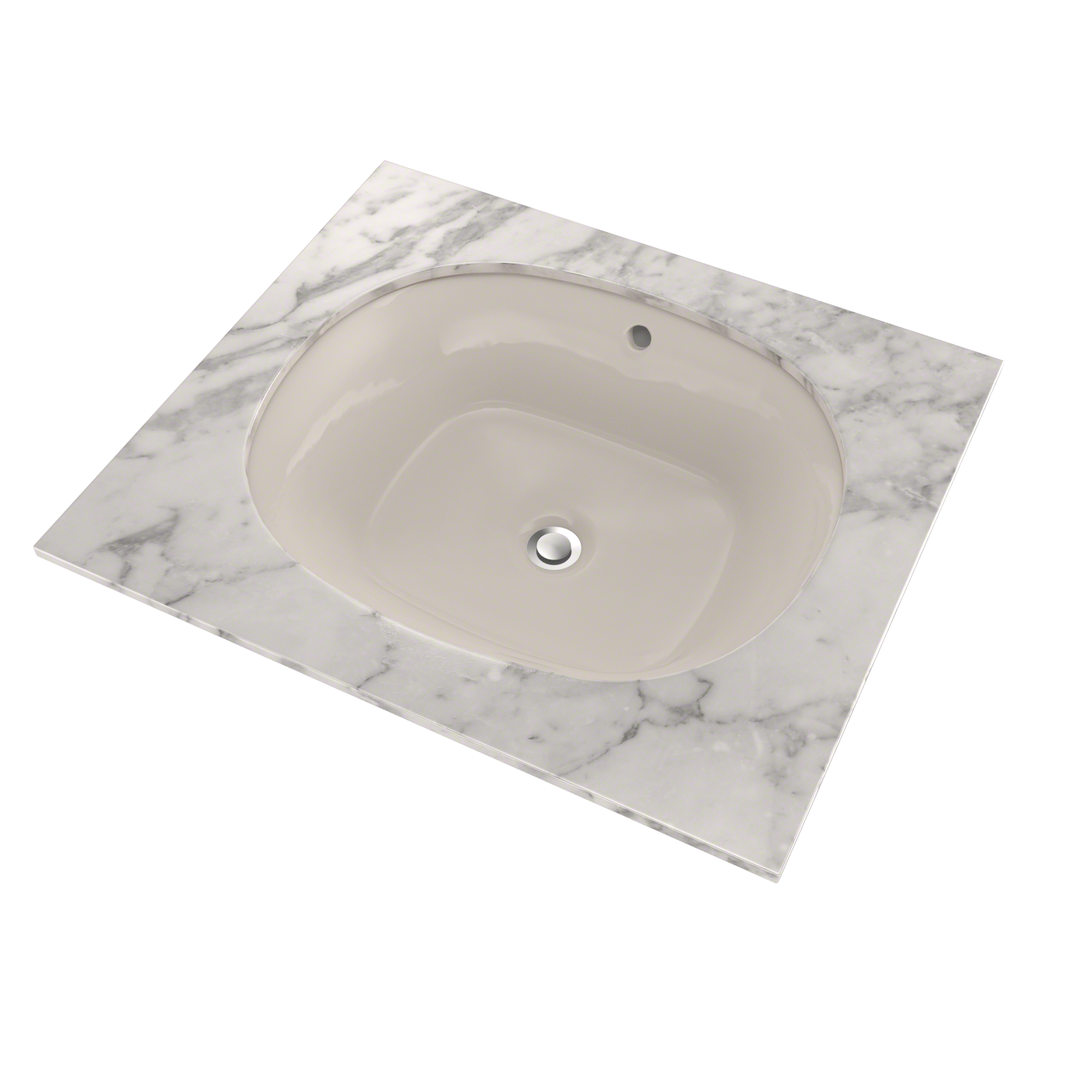 Sedona beige oval undermount sink with single drain hole set in white marble countertop.