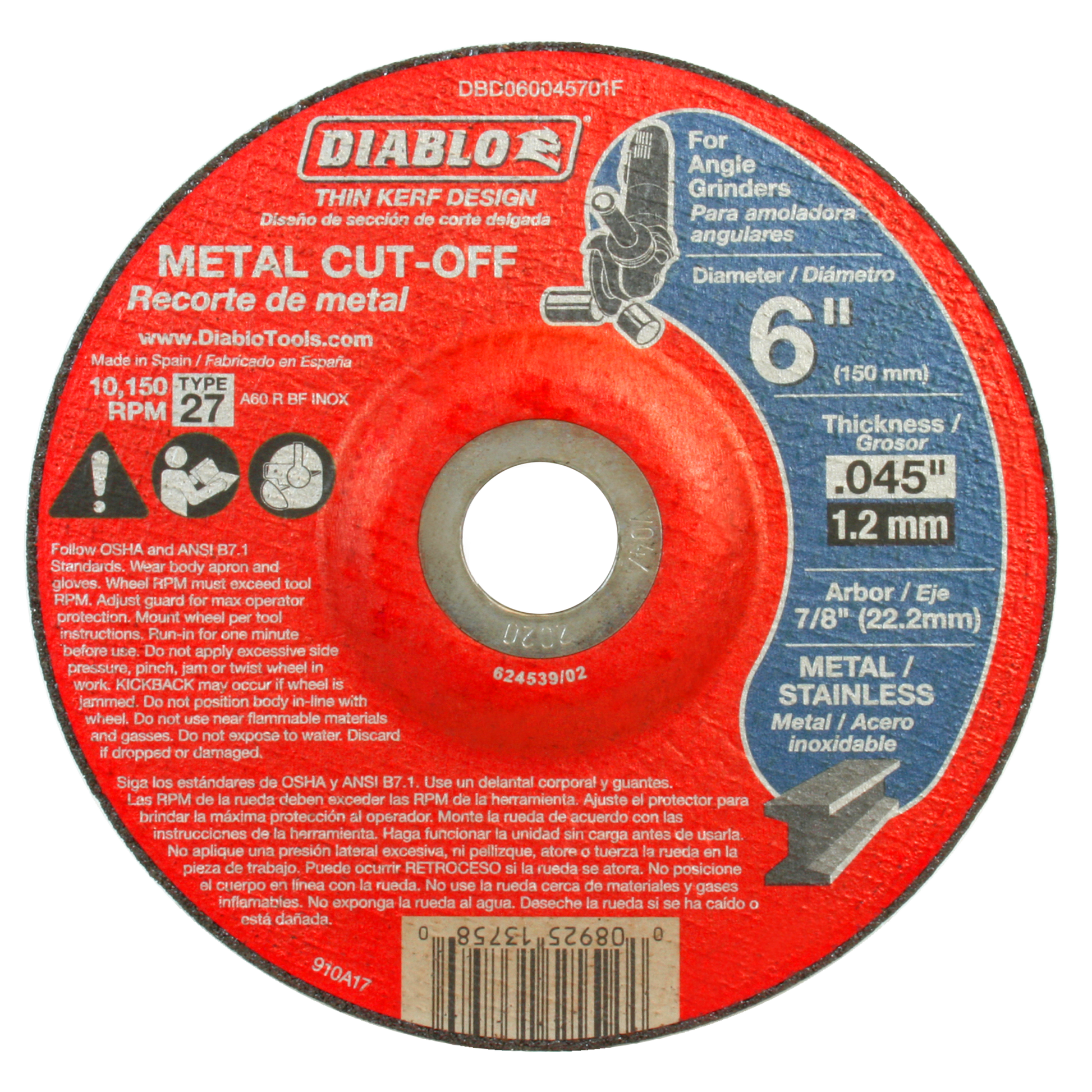 Diablo 6-inch Type 27 metal cut-off disc with thin kerf design, 0.045-inch thickness, 7/8-inch arbor hole.