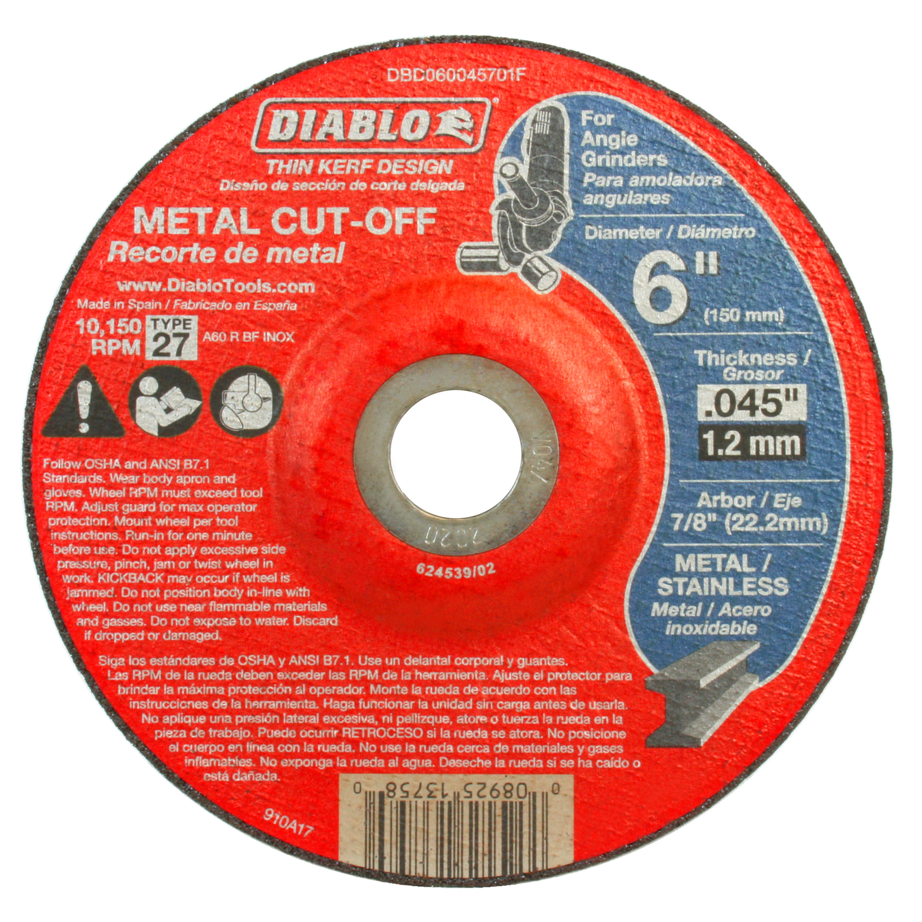 Diablo 6-inch Type 27 metal cut-off disc with thin kerf design, 0.045-inch thickness, 7/8-inch arbor hole.