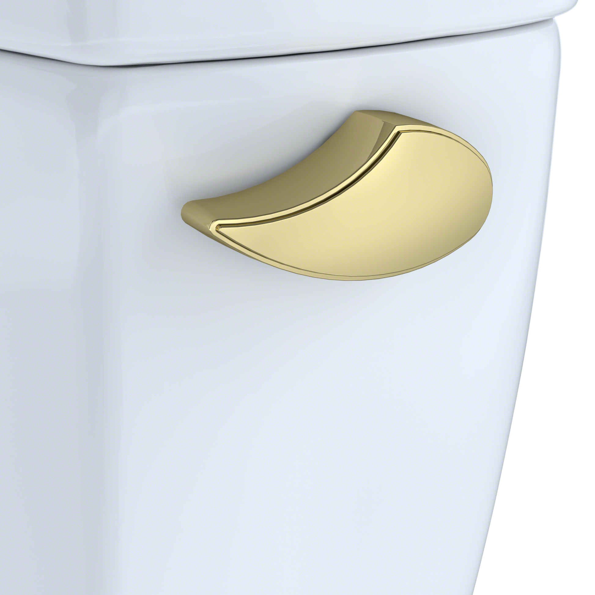 Polished brass right-hand trip lever mounted on white toilet tank.