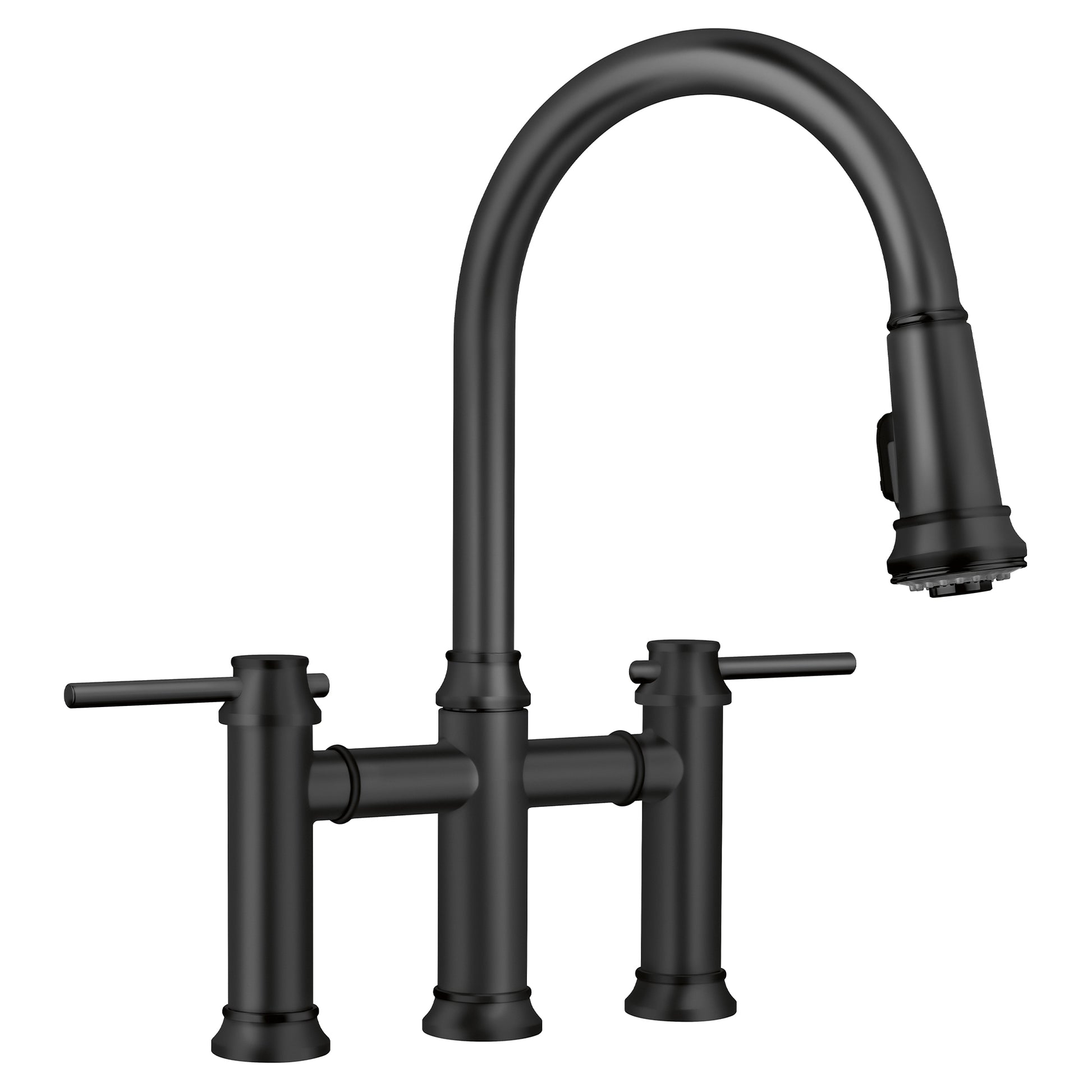 Matte black bridge faucet with pull-down spray head and dual lever handles.