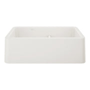 White double-bowl farmhouse sink with low divide and apron front.