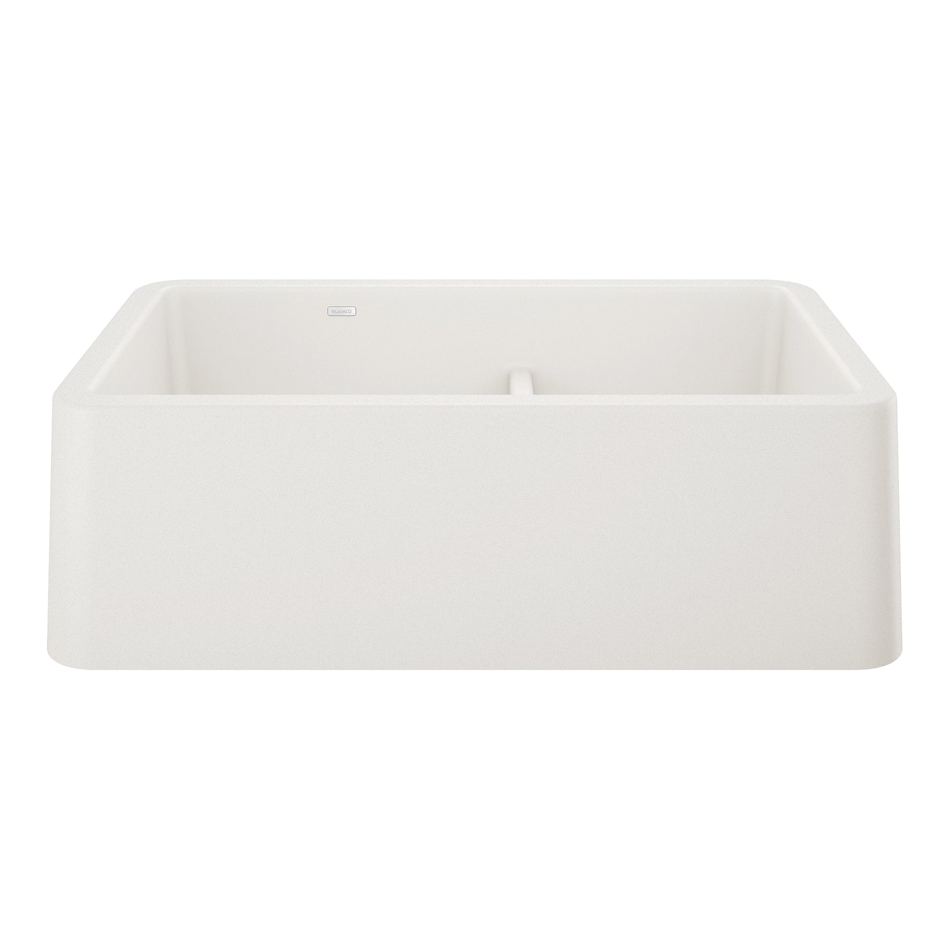 White double-bowl farmhouse sink with low divide and apron front.
