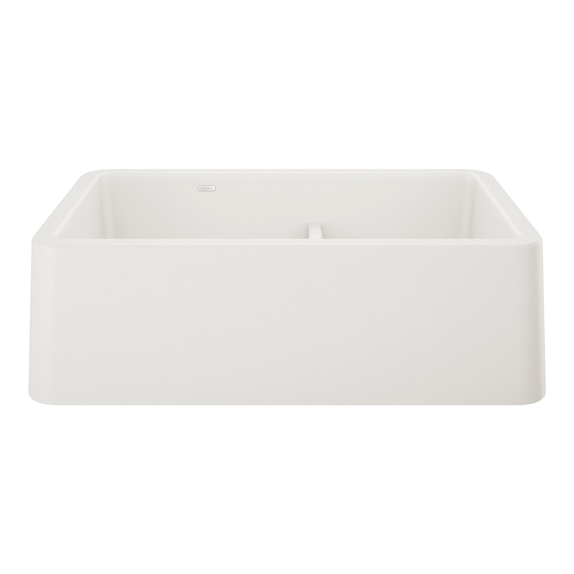 White double-bowl farmhouse sink with low divide and apron front.
