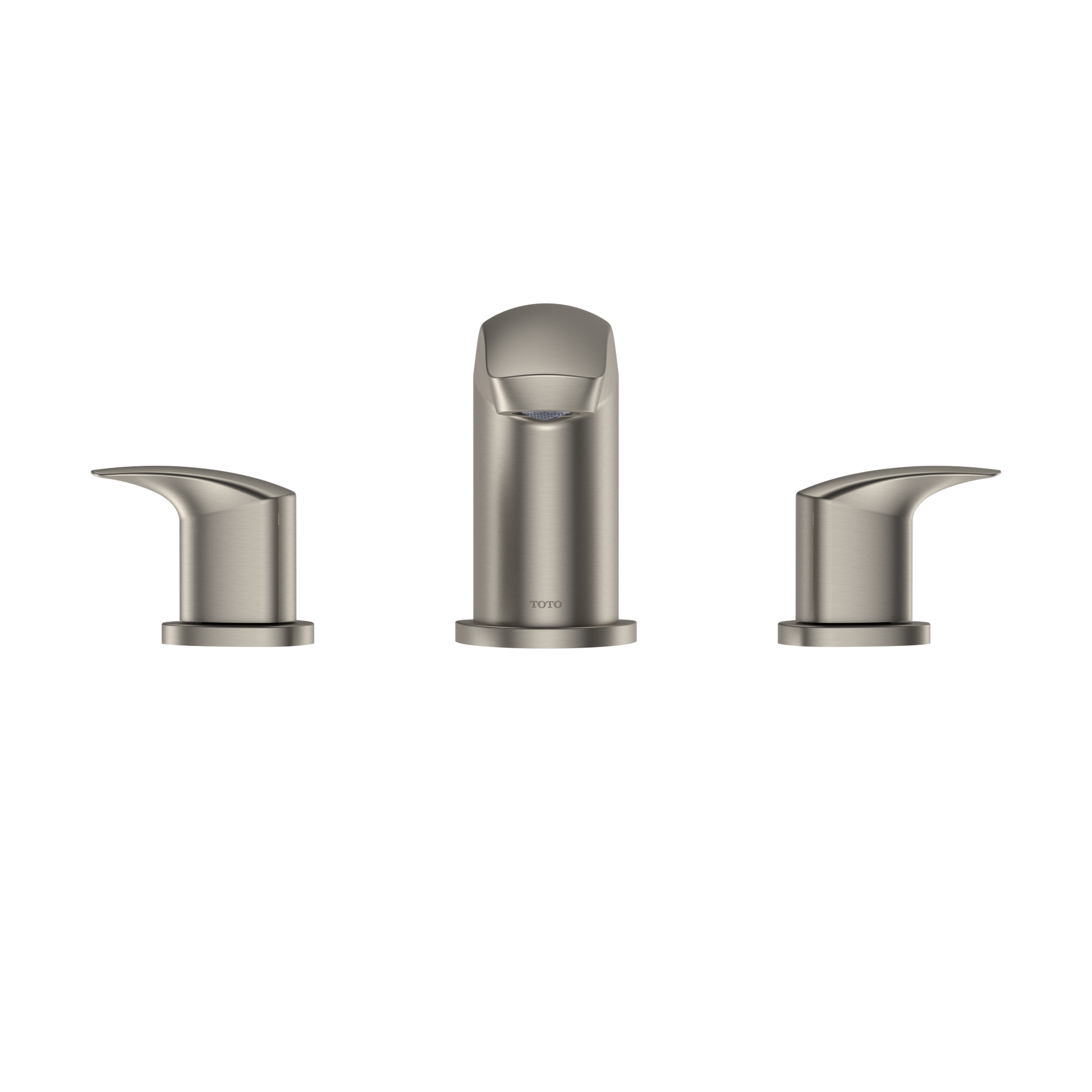 Brushed nickel two-handle roman tub filler trim with curved lever handles and central spout.