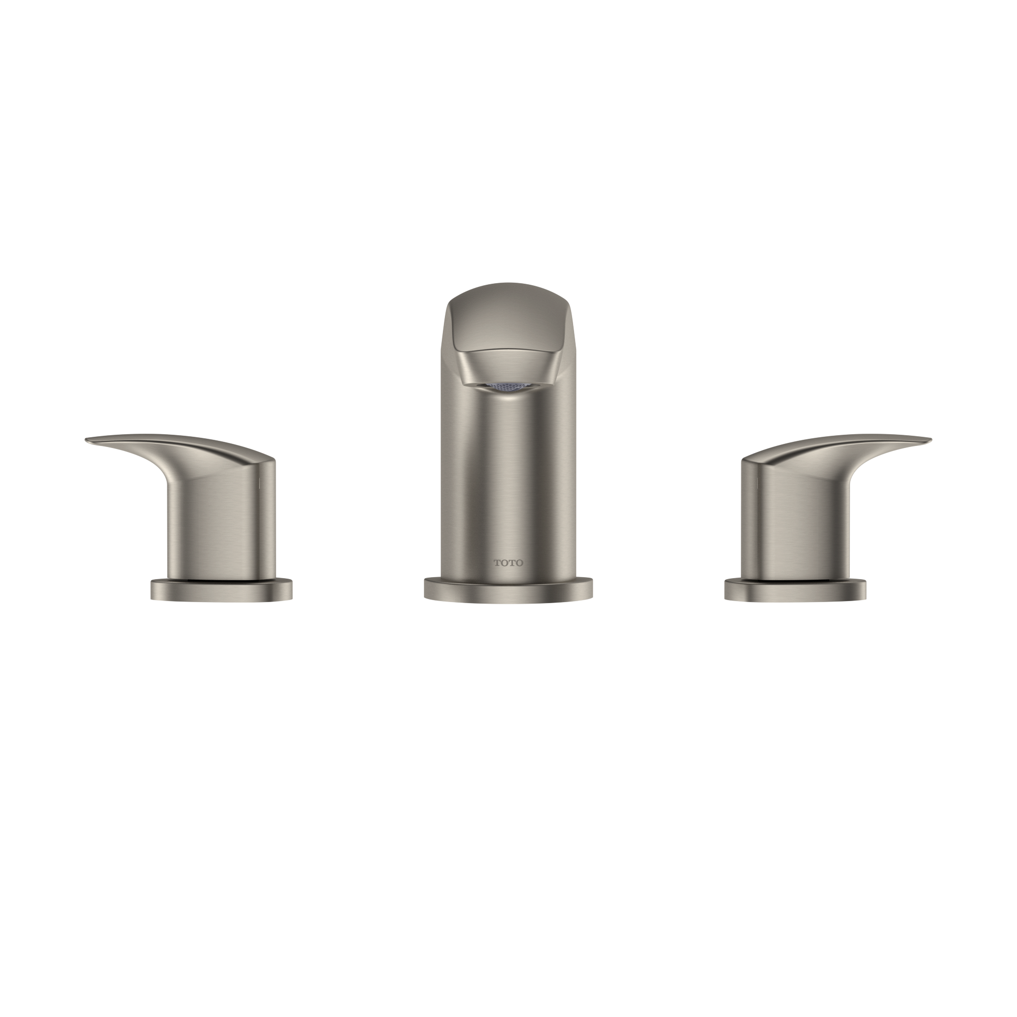 Brushed nickel two-handle roman tub filler trim with curved lever handles and central spout.