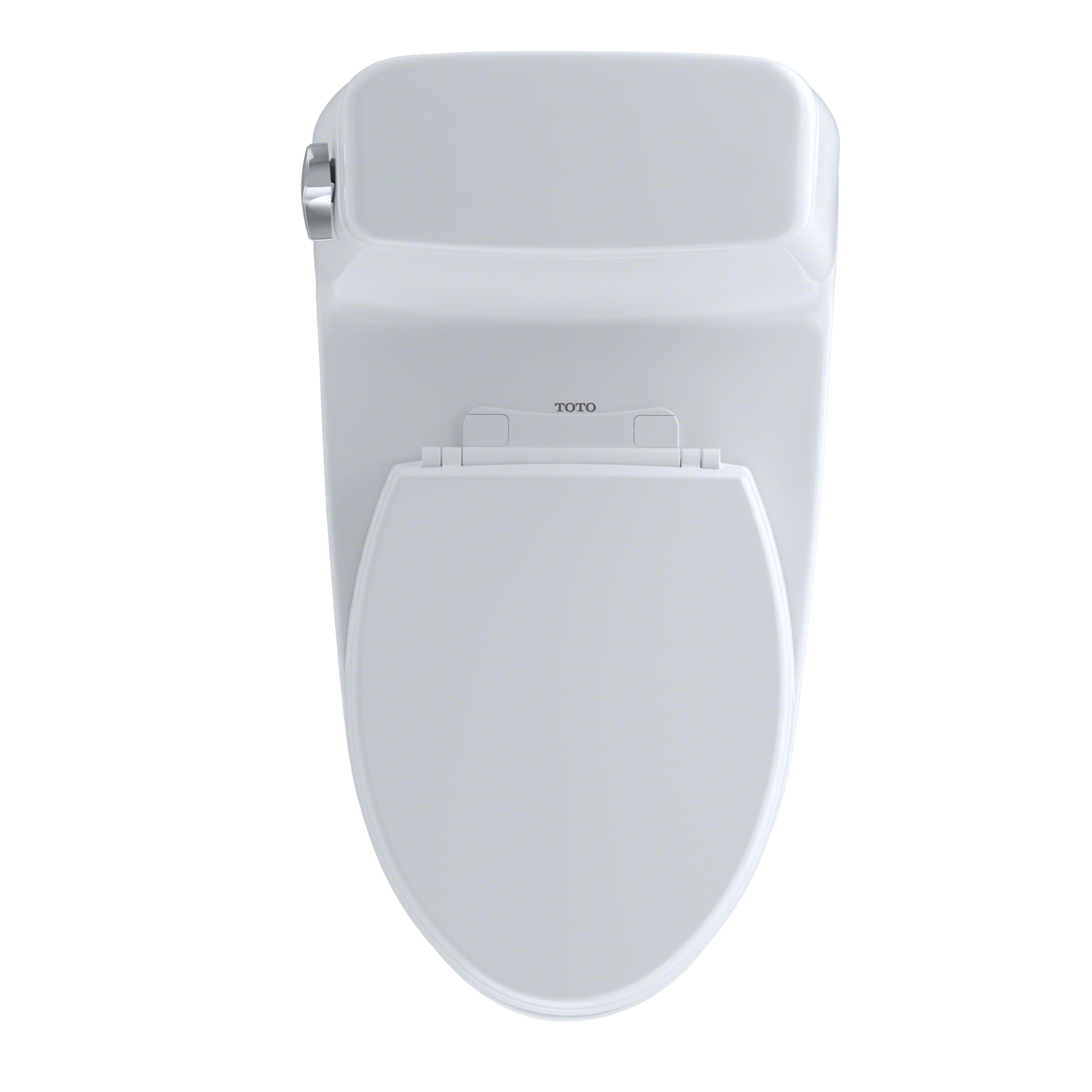 Toto cotton white one-piece elongated toilet with soft-close seat and chrome handle, shown from front view.