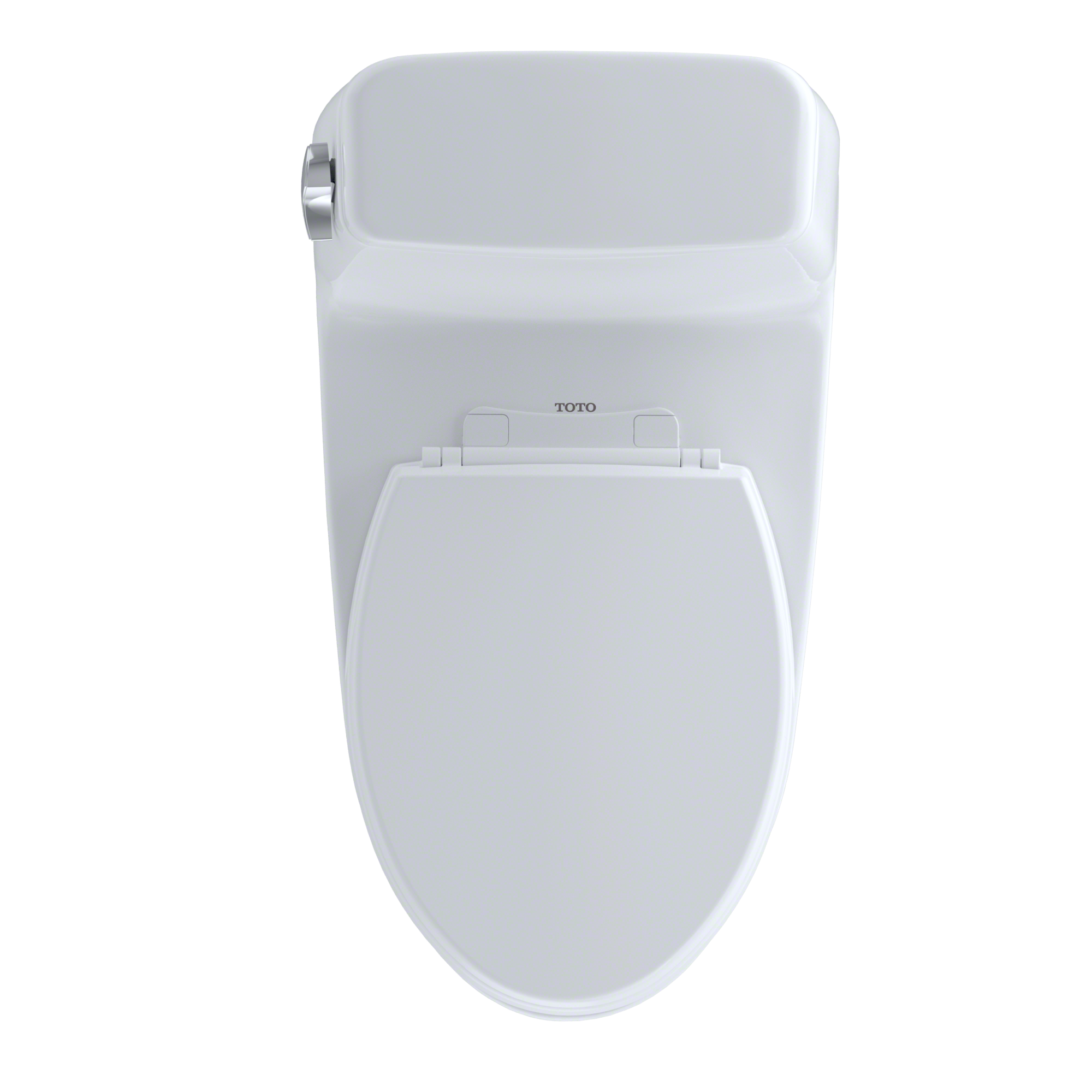 Toto cotton white one-piece elongated toilet with soft-close seat and chrome handle, shown from front view.