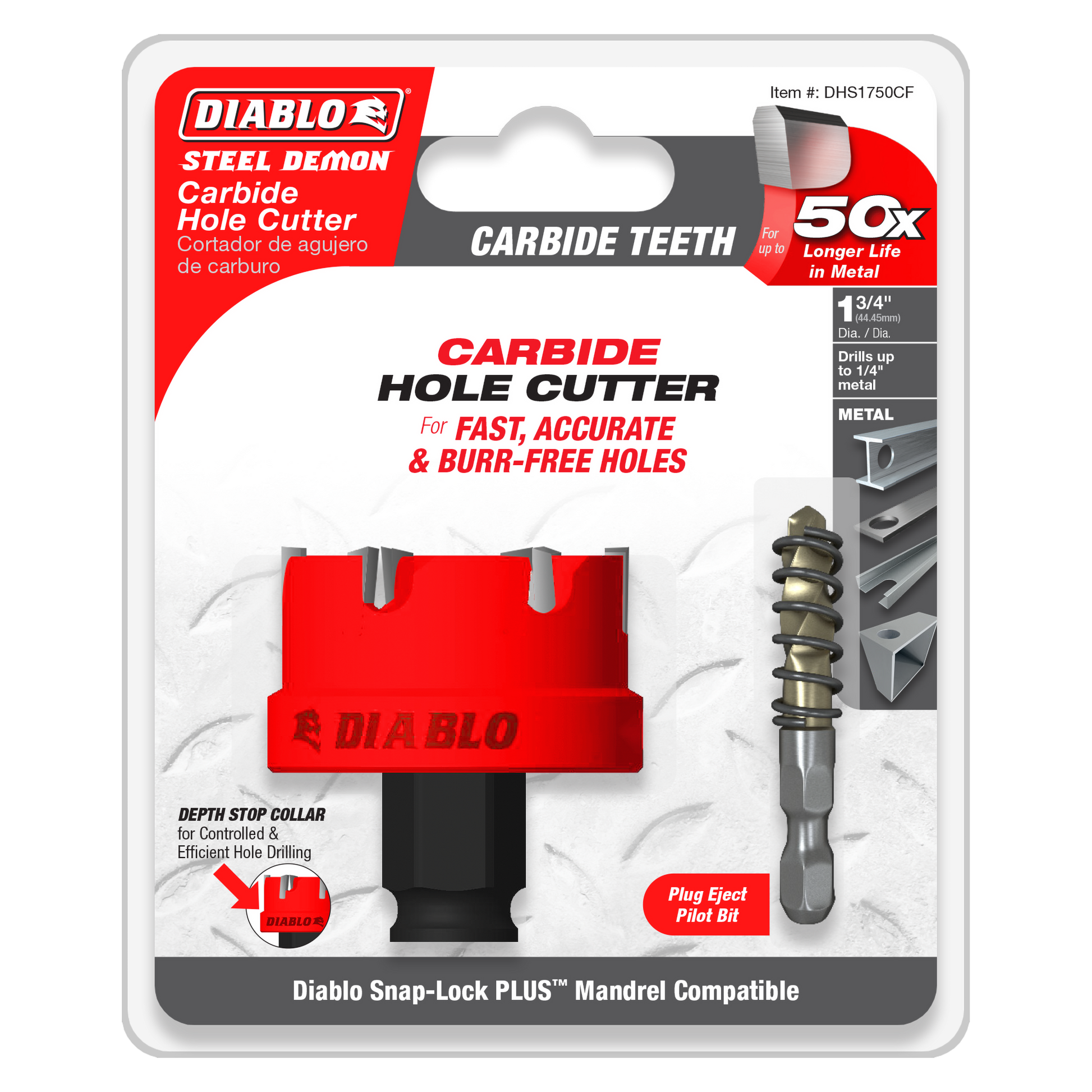 Diablo 1-3/4 inch Steel Demon carbide hole cutter with red body, black collar, and pilot bit on packaging card.