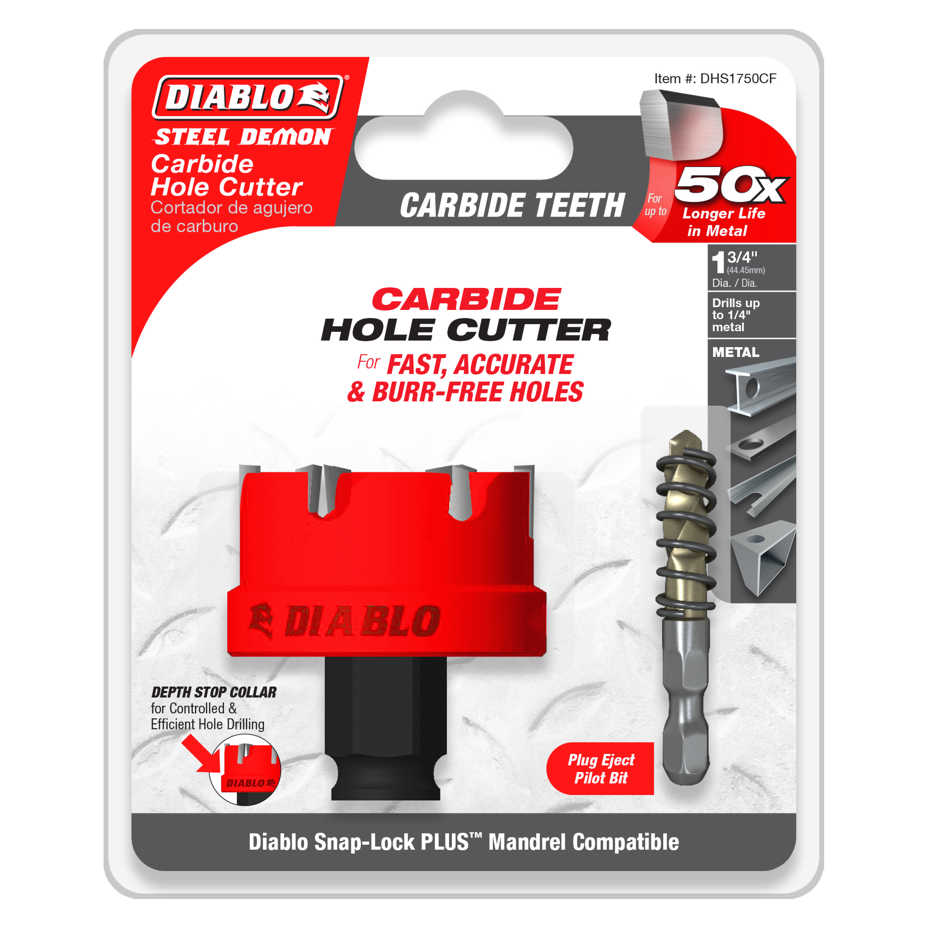 Diablo 1-3/4 inch Steel Demon carbide hole cutter with red body, black collar, and pilot bit on packaging card.