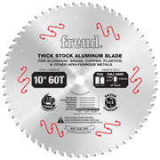 Silver circular saw blade with 60 teeth, labeled for aluminum and non-ferrous metals, 10-inch diameter with center hole.