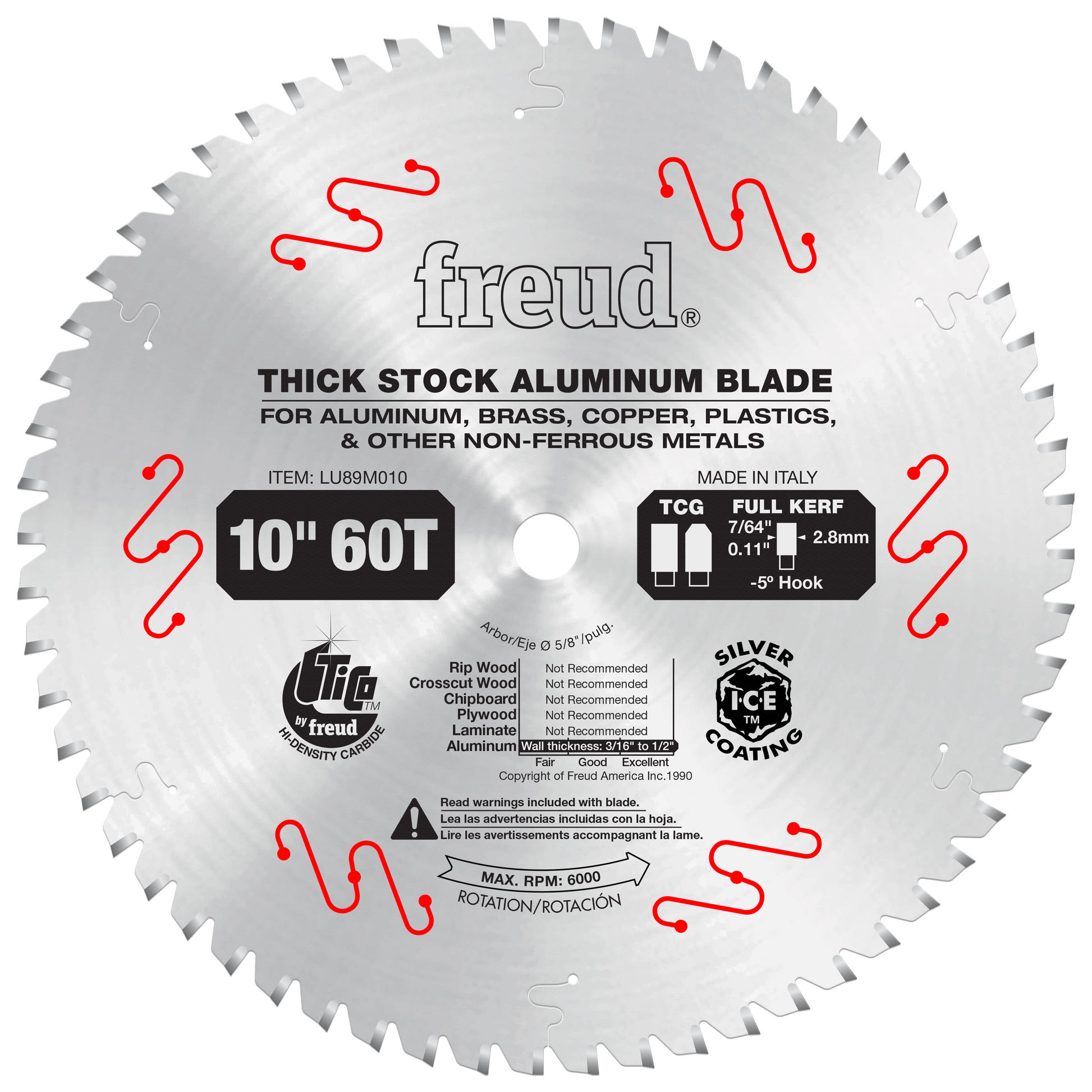 Silver circular saw blade with 60 teeth, labeled for aluminum and non-ferrous metals, 10-inch diameter with center hole.