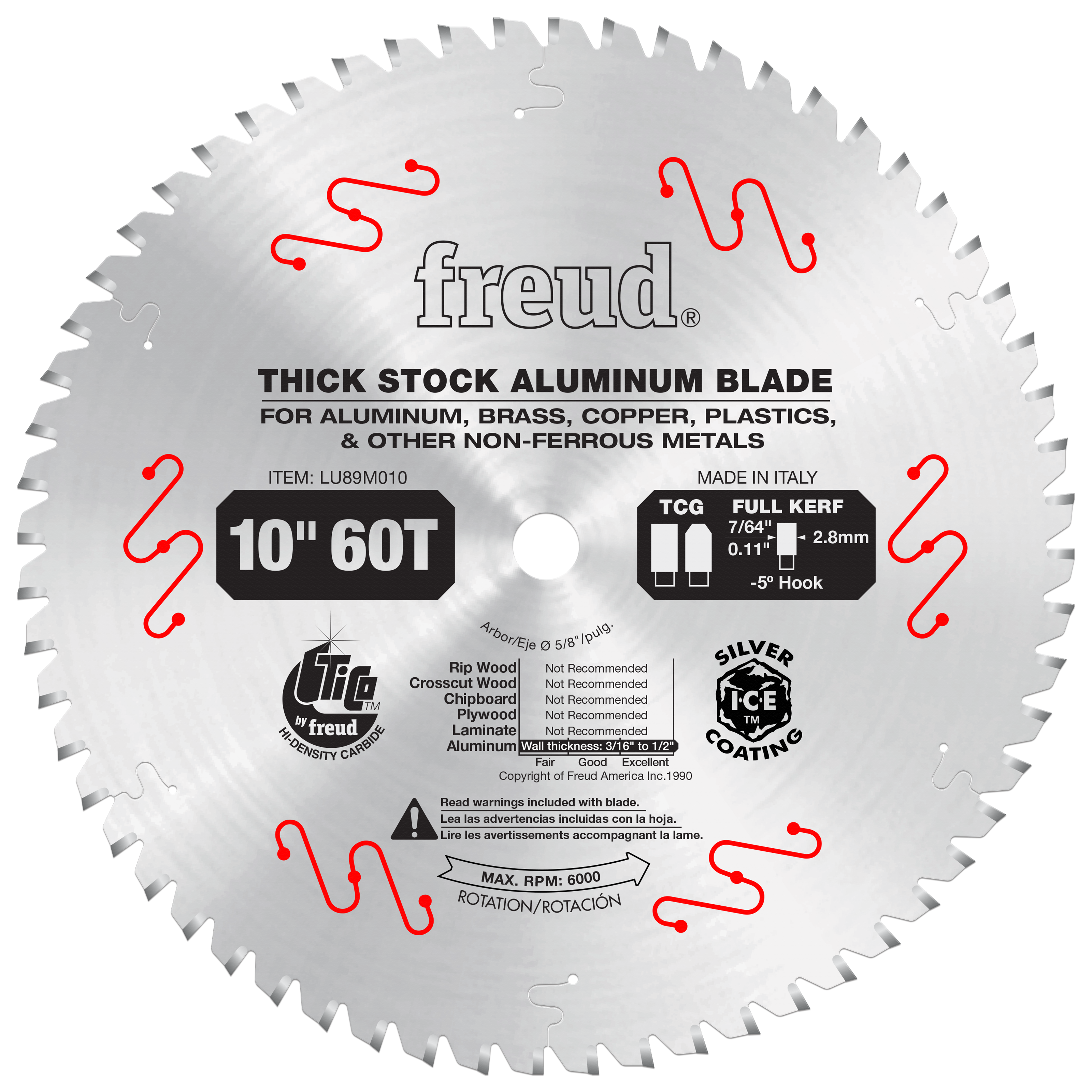 Silver circular saw blade with 60 teeth, labeled for aluminum and non-ferrous metals, 10-inch diameter with center hole.