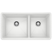White double bowl undermount kitchen sink with two equal-sized compartments and chrome drain strainers.
