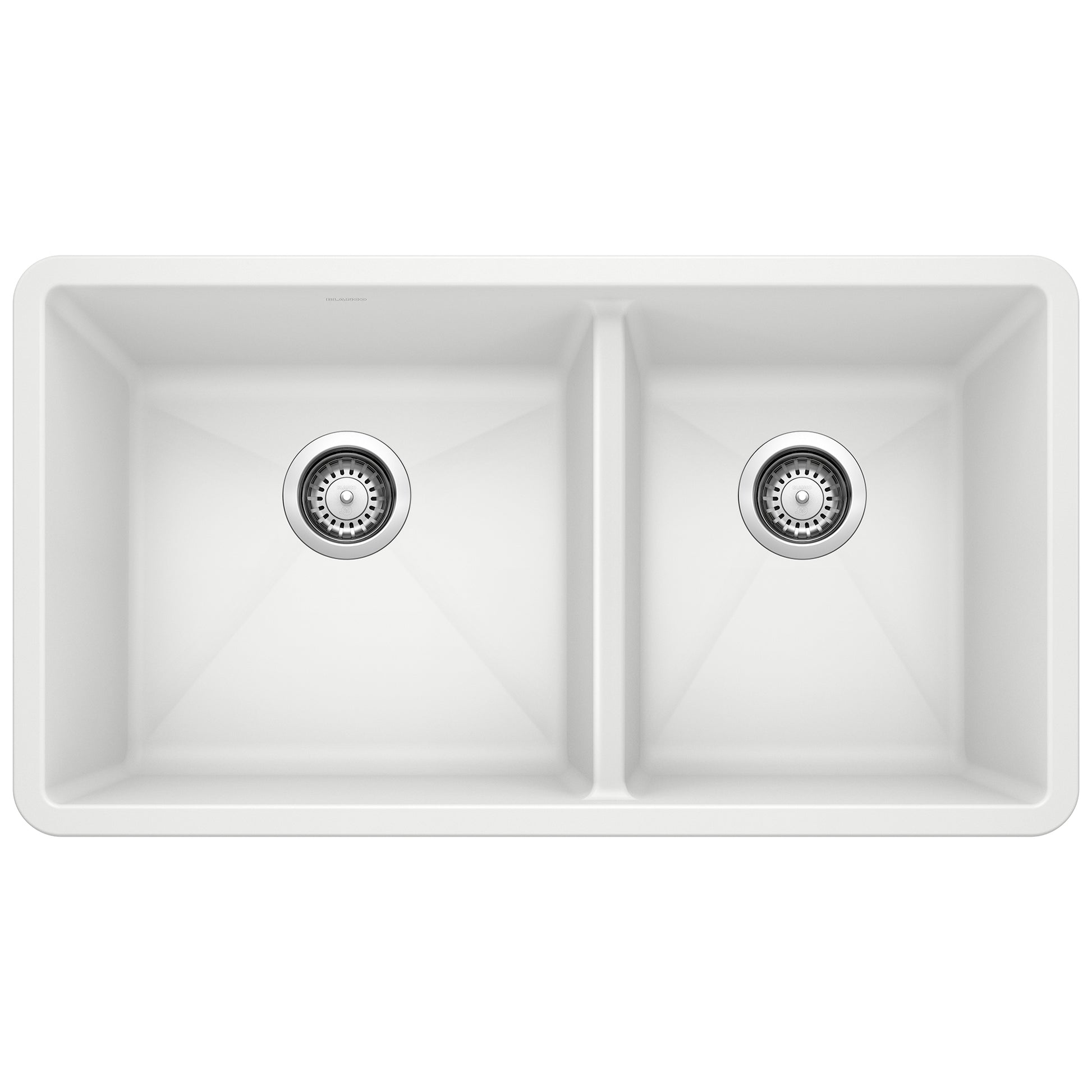 White double bowl undermount kitchen sink with two equal-sized compartments and chrome drain strainers.