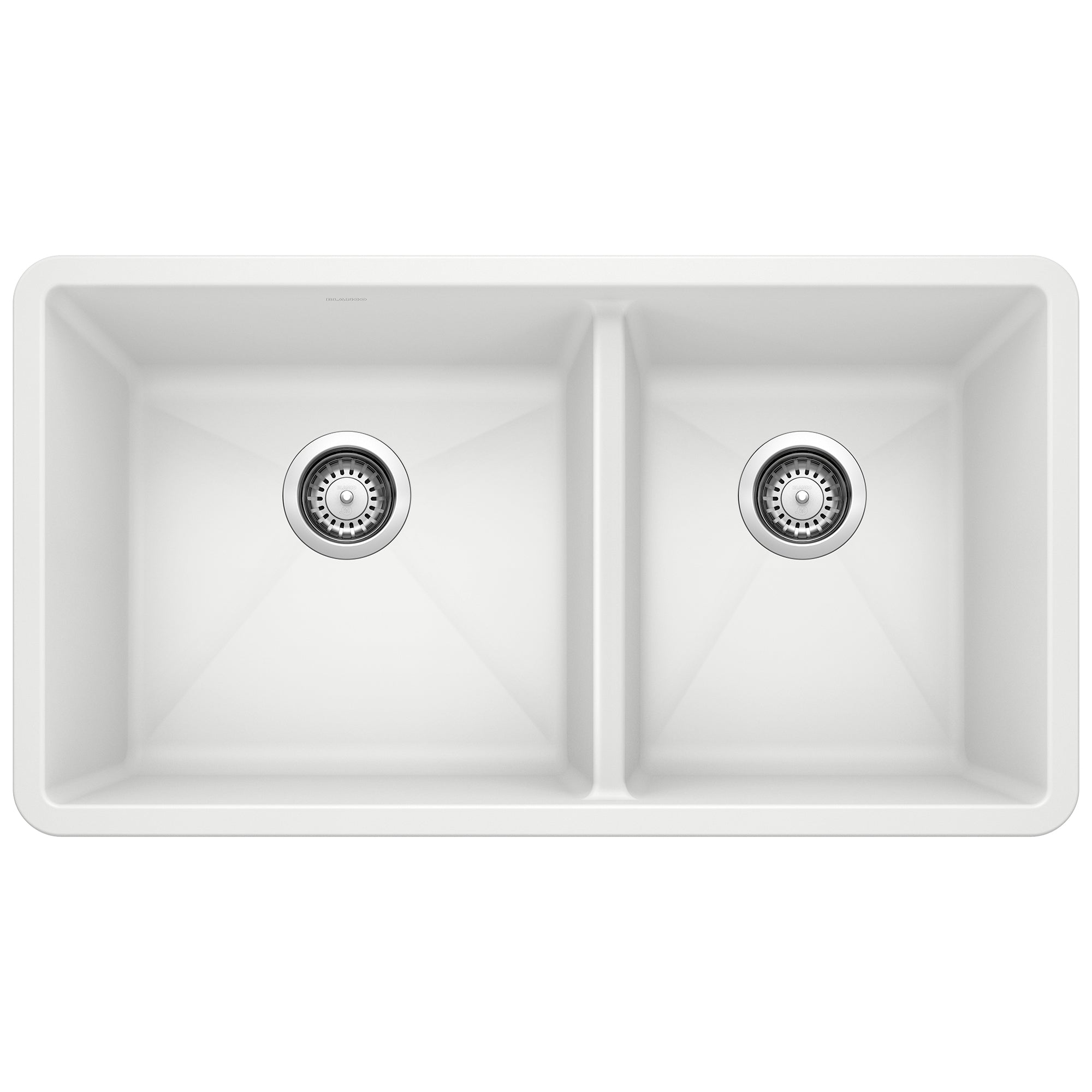 White double bowl undermount kitchen sink with two equal-sized compartments and chrome drain strainers.