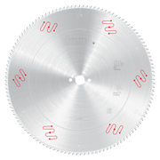 Silver circular saw blade with fine teeth around perimeter, center arbor hole, red adjustment indicators, and Freud branding.