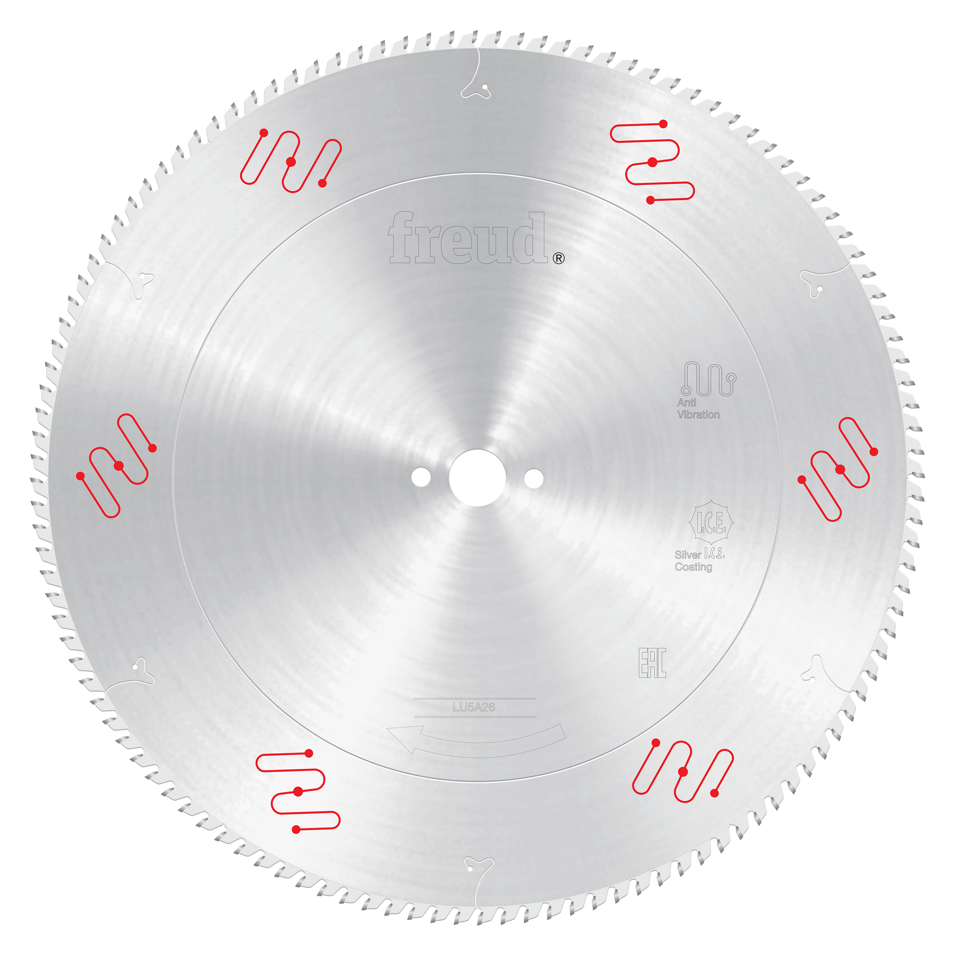 Silver circular saw blade with fine teeth around perimeter, center arbor hole, red adjustment indicators, and Freud branding.