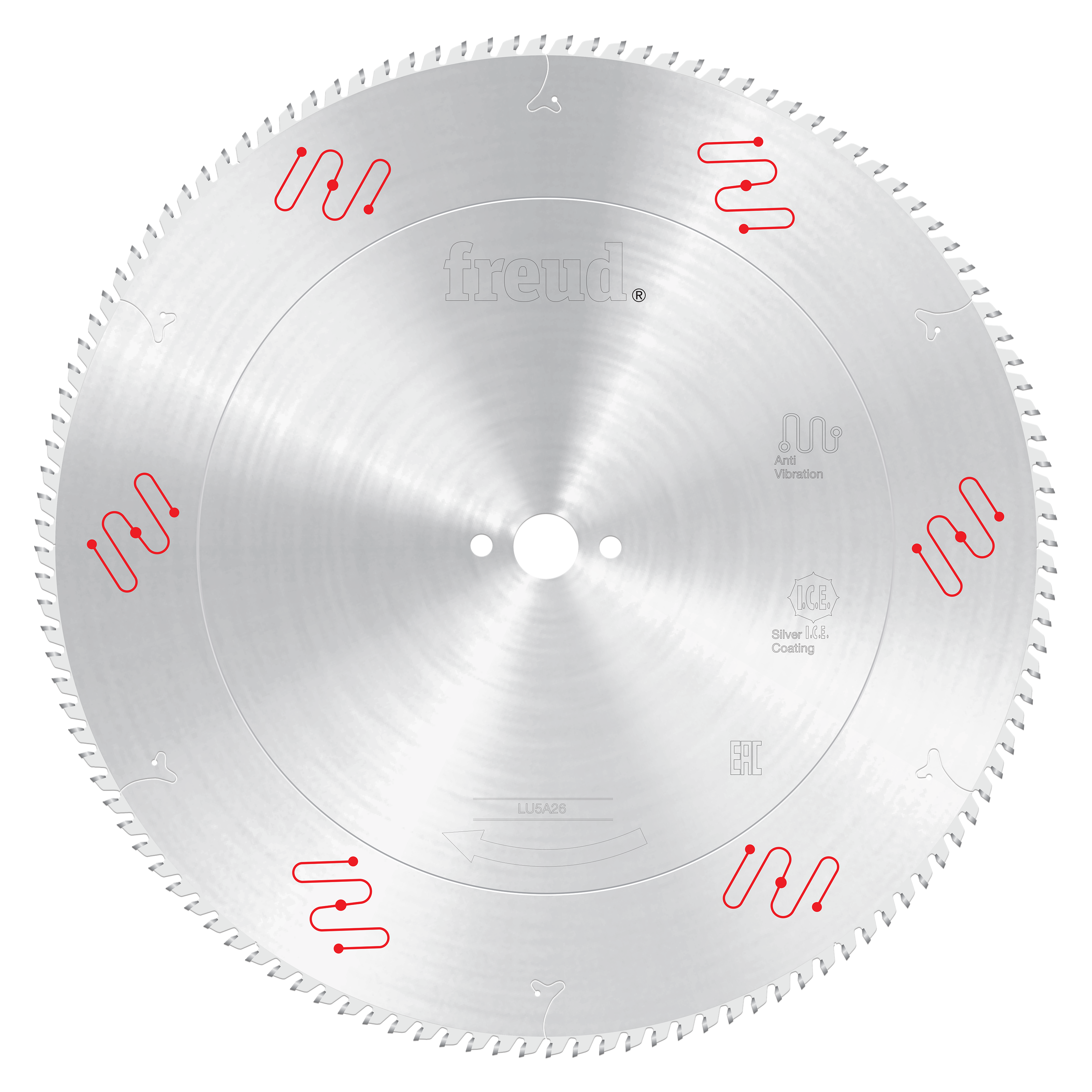 Silver circular saw blade with fine teeth around perimeter, center arbor hole, red adjustment indicators, and Freud branding.