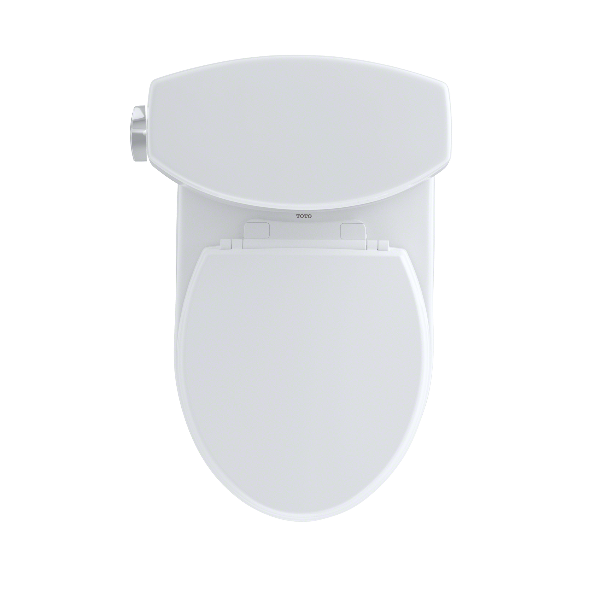 White two-piece toilet with round bowl, tank-mounted lever on right side, and elongated seat area.