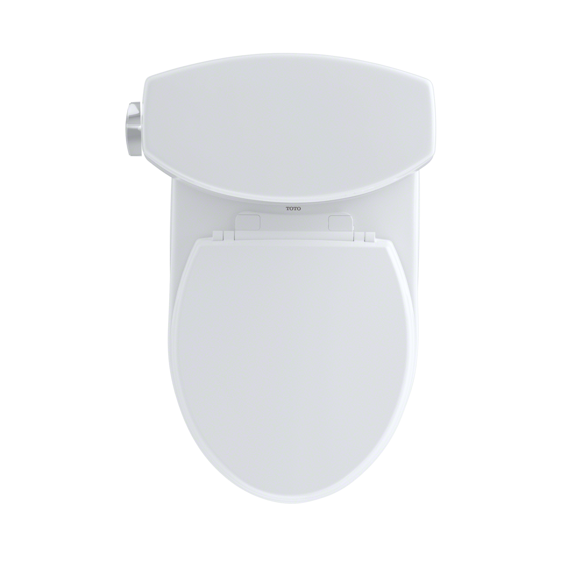 Bone-colored two-piece round toilet with closed lid and tank visible from above.