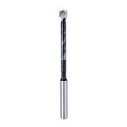 Forstner bit with gray carbide cutting head and silver cylindrical shank with black grip section.