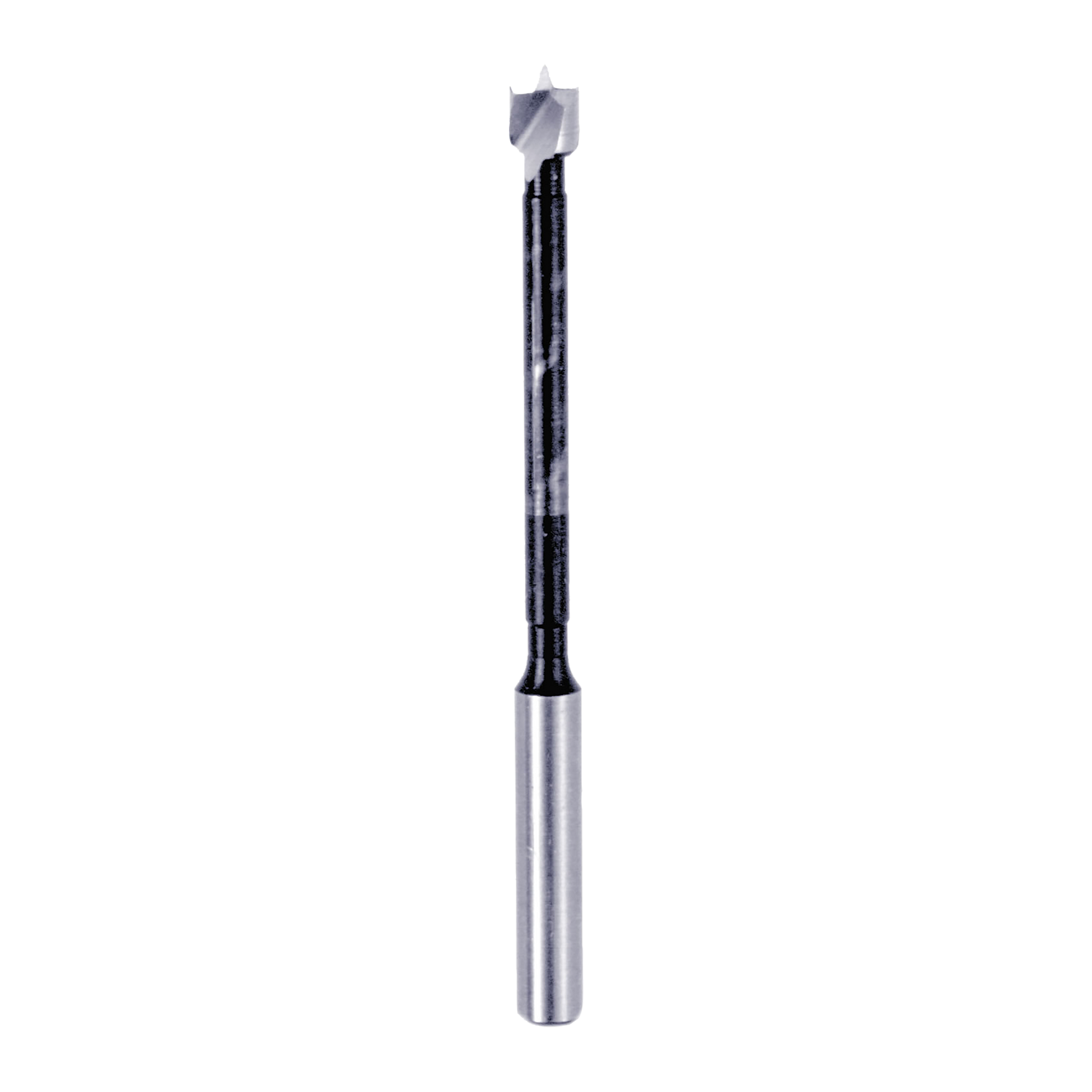 Forstner bit with gray carbide cutting head and silver cylindrical shank with black grip section.
