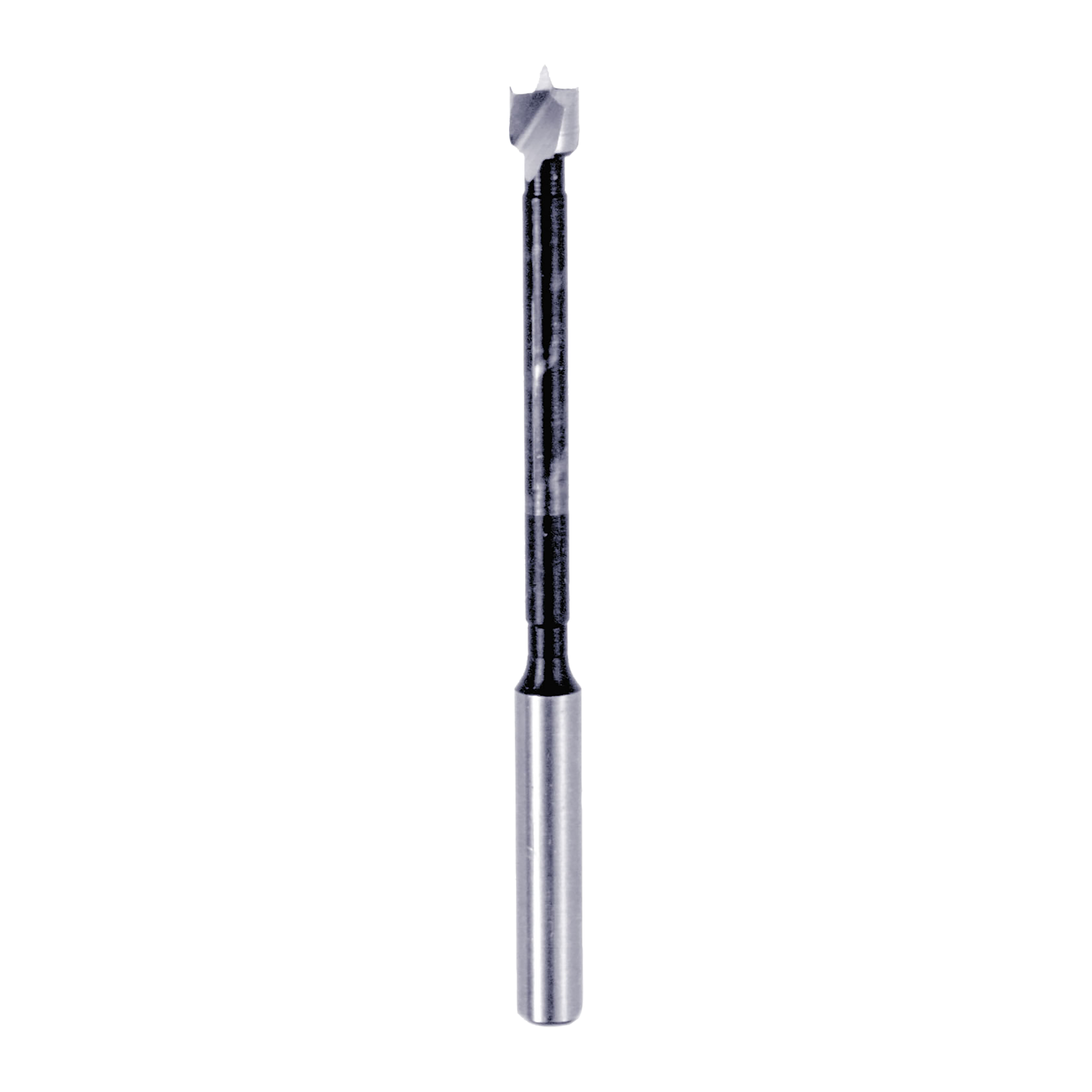 Forstner bit with gray carbide cutting head and silver cylindrical shank with black grip section.