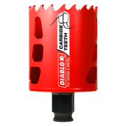 Red carbide-tipped holesaw with jagged cutting edge and black shank, labeled "Diablo" for wood and metal cutting.
