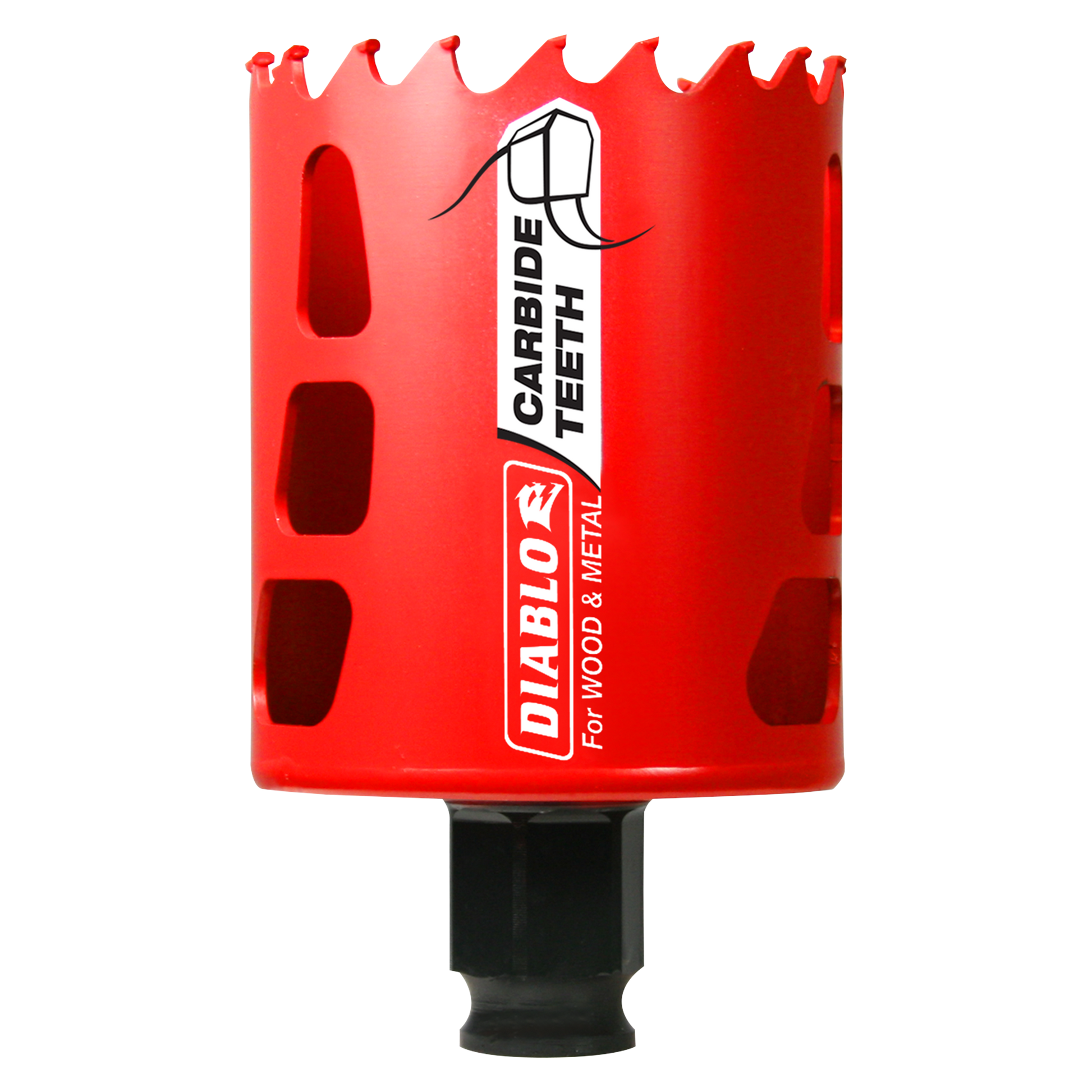 Red carbide-tipped holesaw with jagged cutting edge and black shank, labeled "Diablo" for wood and metal cutting.