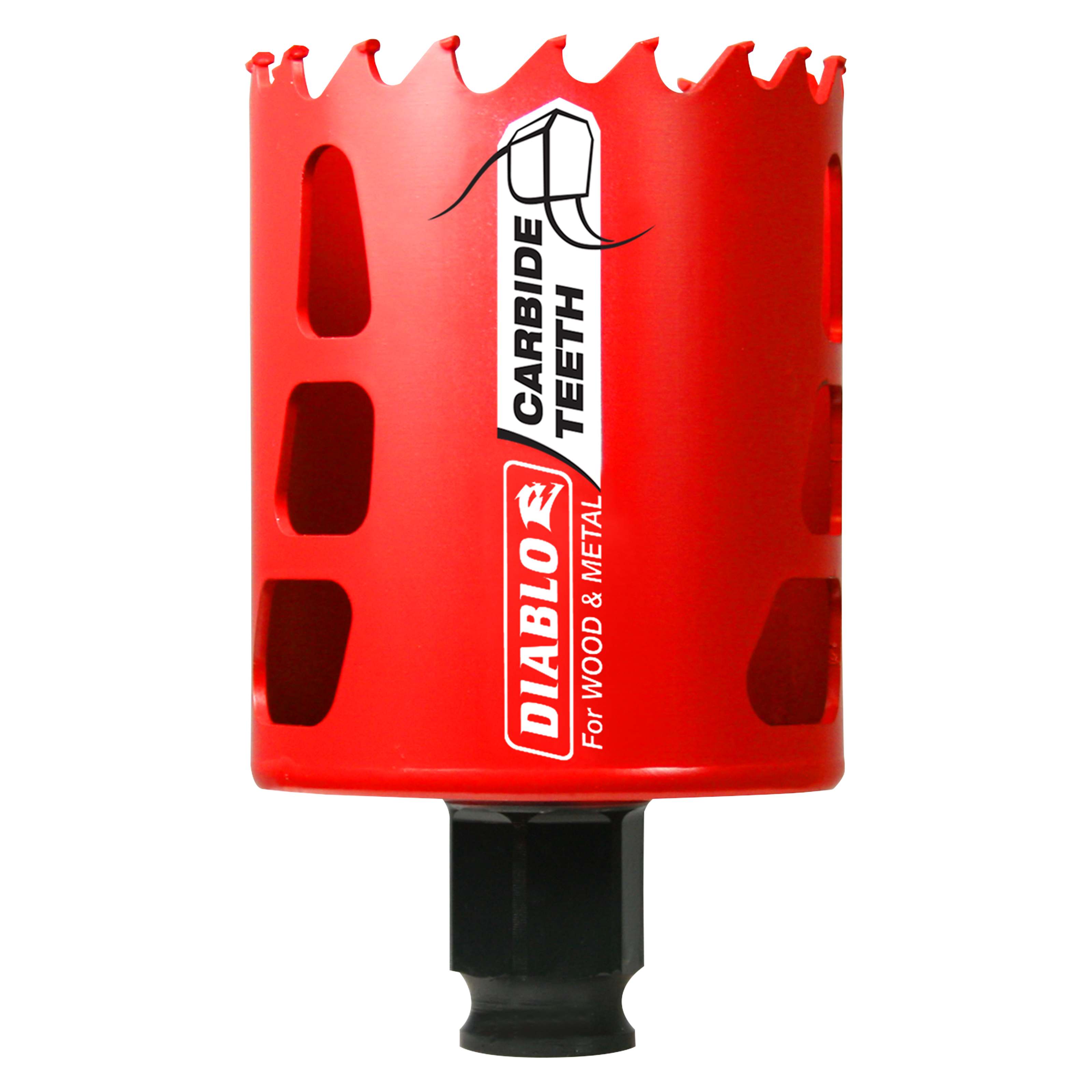Red carbide-tipped holesaw with jagged cutting edge and black shank, labeled "Diablo" for wood and metal cutting.