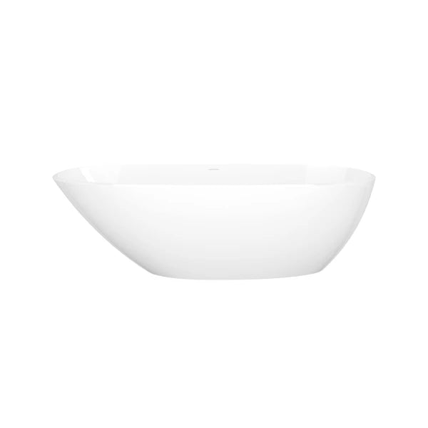 White freestanding bathtub with curved sides and oval basin shape, shown from above at an angle.