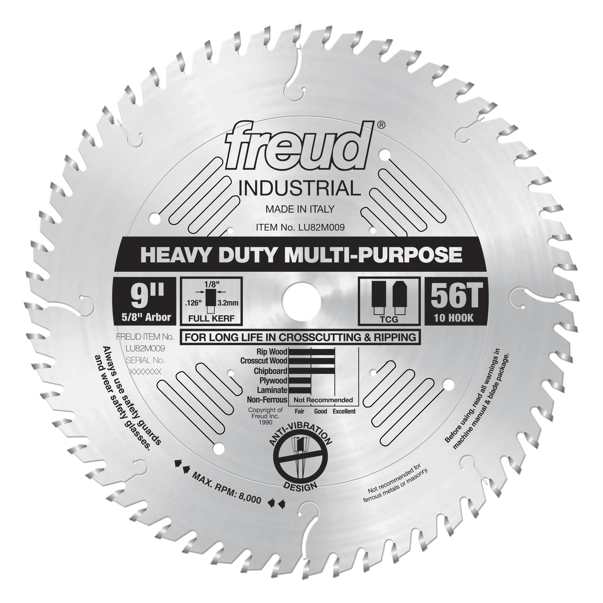 9-inch circular saw blade with 56 teeth, 5/8" arbor, silver steel construction with Freud branding and specification labels.