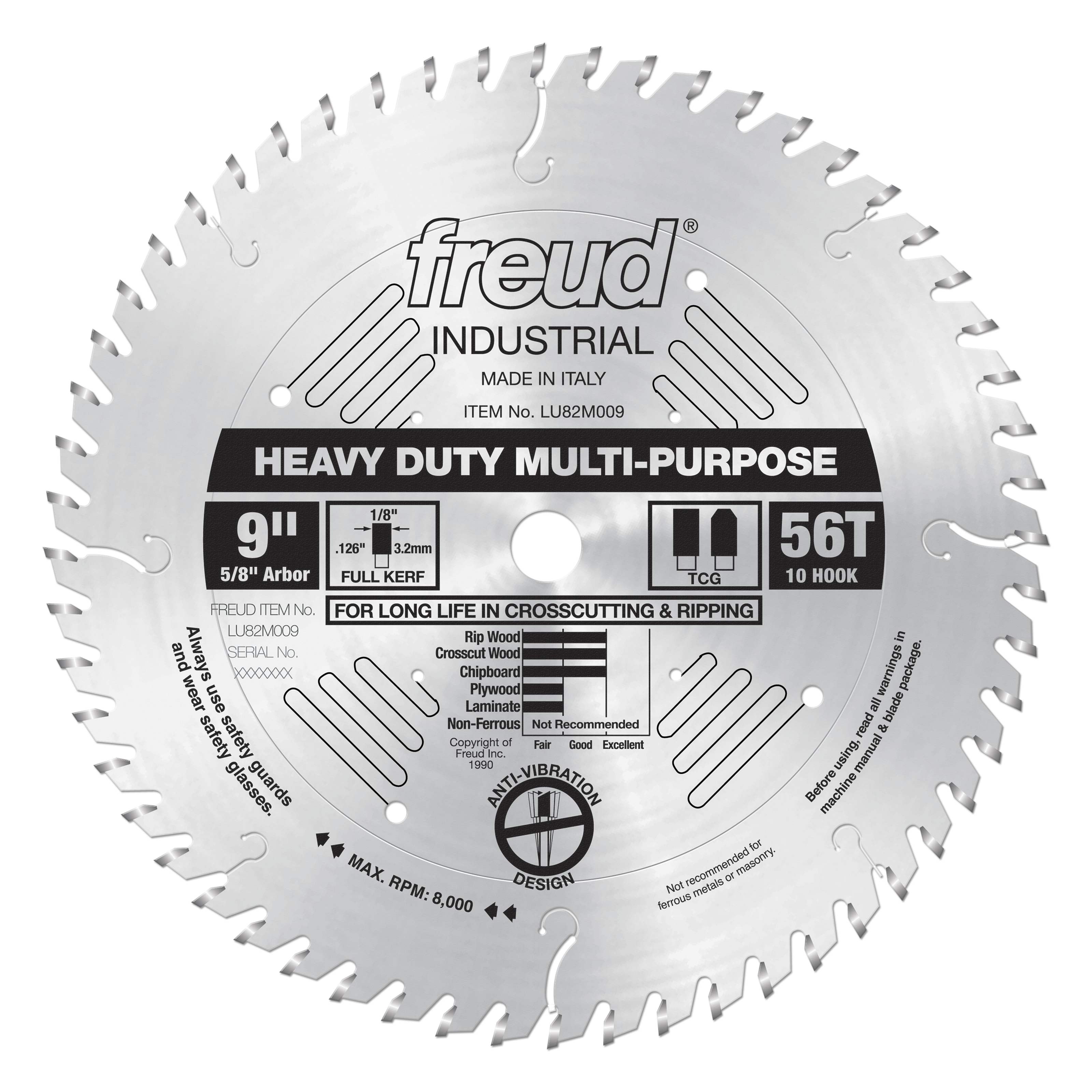 9-inch circular saw blade with 56 teeth, 5/8" arbor, silver steel construction with Freud branding and specification labels.