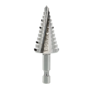 Silver step drill bit with 12 stepped levels and hex shank, expanding from narrow tip to wider base.