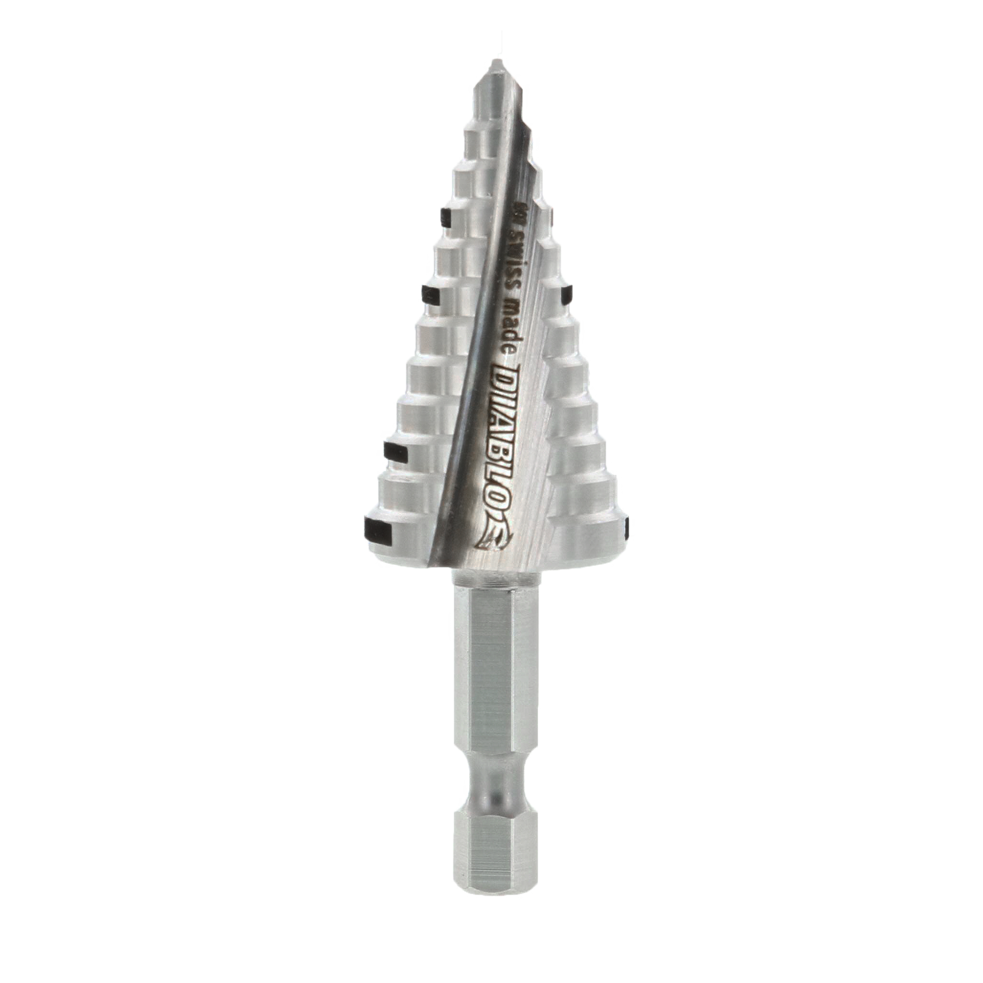 Silver step drill bit with 12 stepped levels and hex shank, expanding from narrow tip to wider base.
