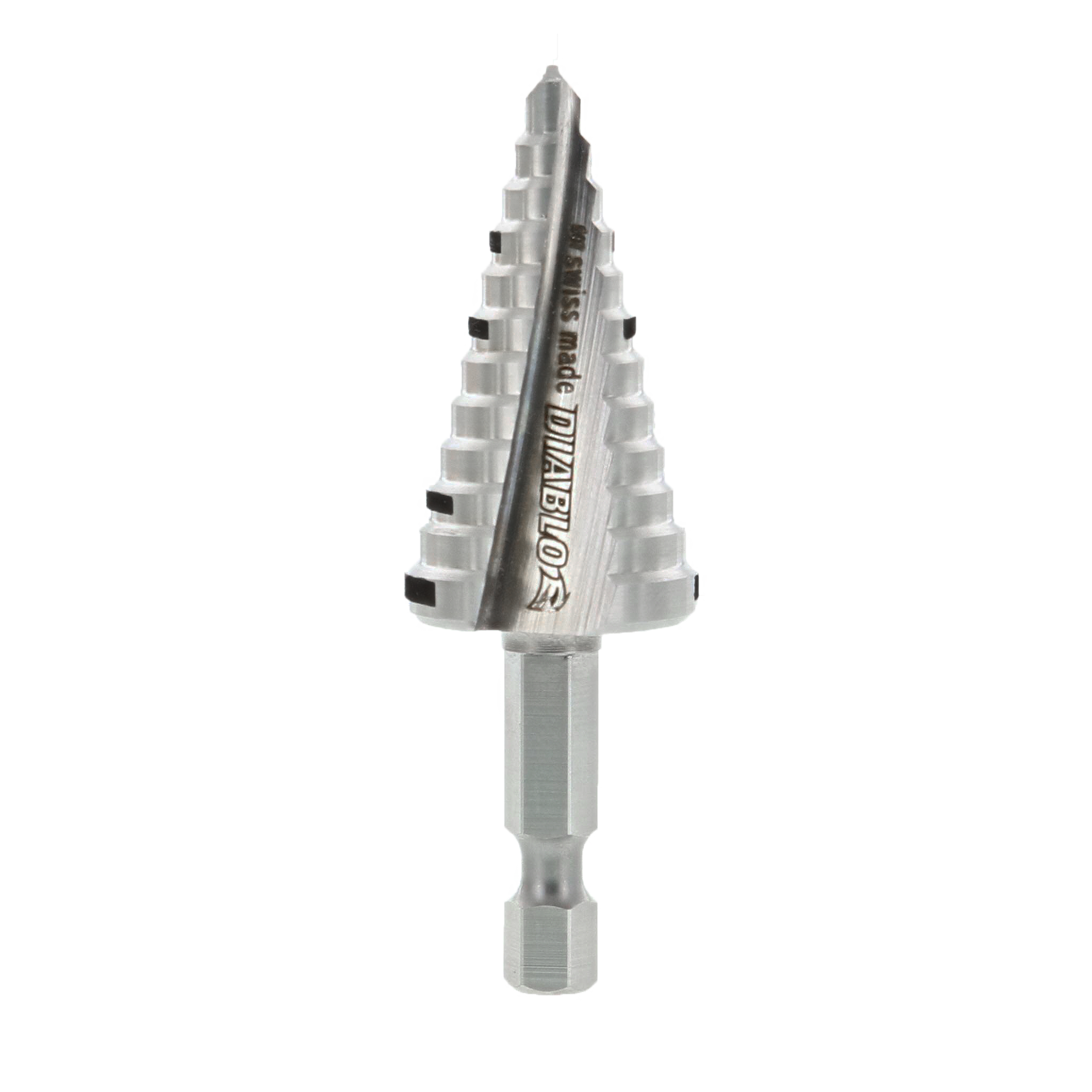 Silver step drill bit with 12 stepped levels and hex shank, expanding from narrow tip to wider base.
