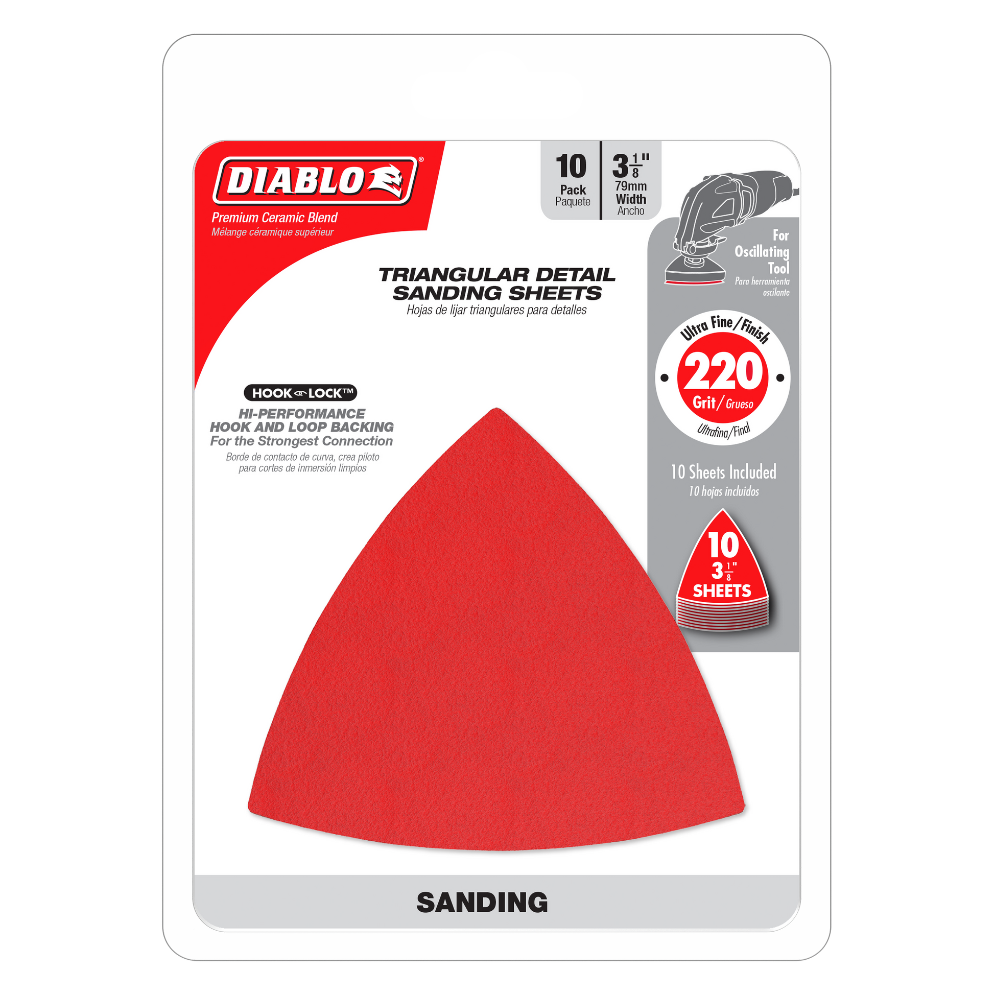 Ten red triangular sanding sheets with hook-and-loop backing for oscillating detail sanders, 220-grit.