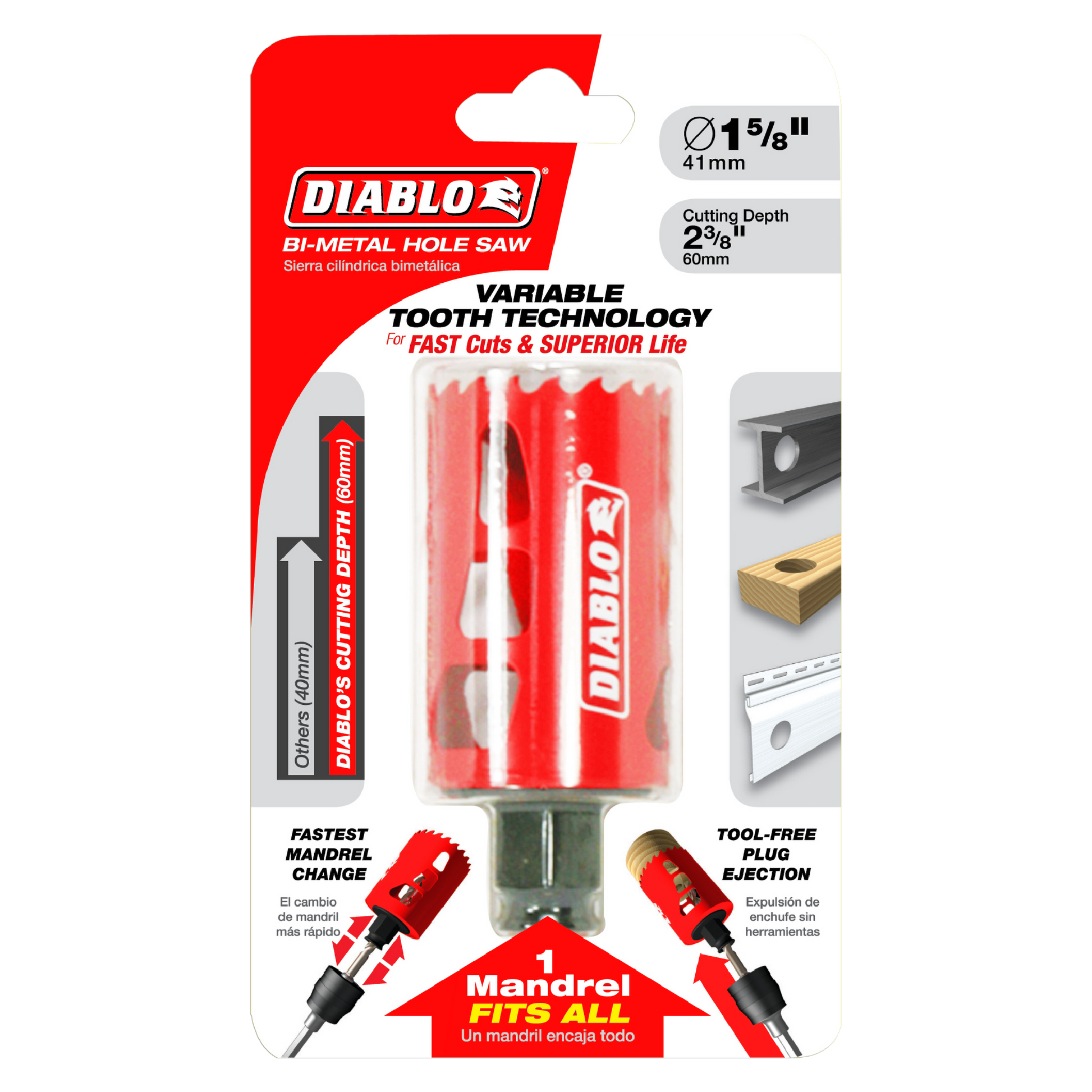 Red and white Diablo bi-metal hole saw with 1-5/8 inch diameter, 2-3/8 inch cutting depth, shown in packaging with mandrel an