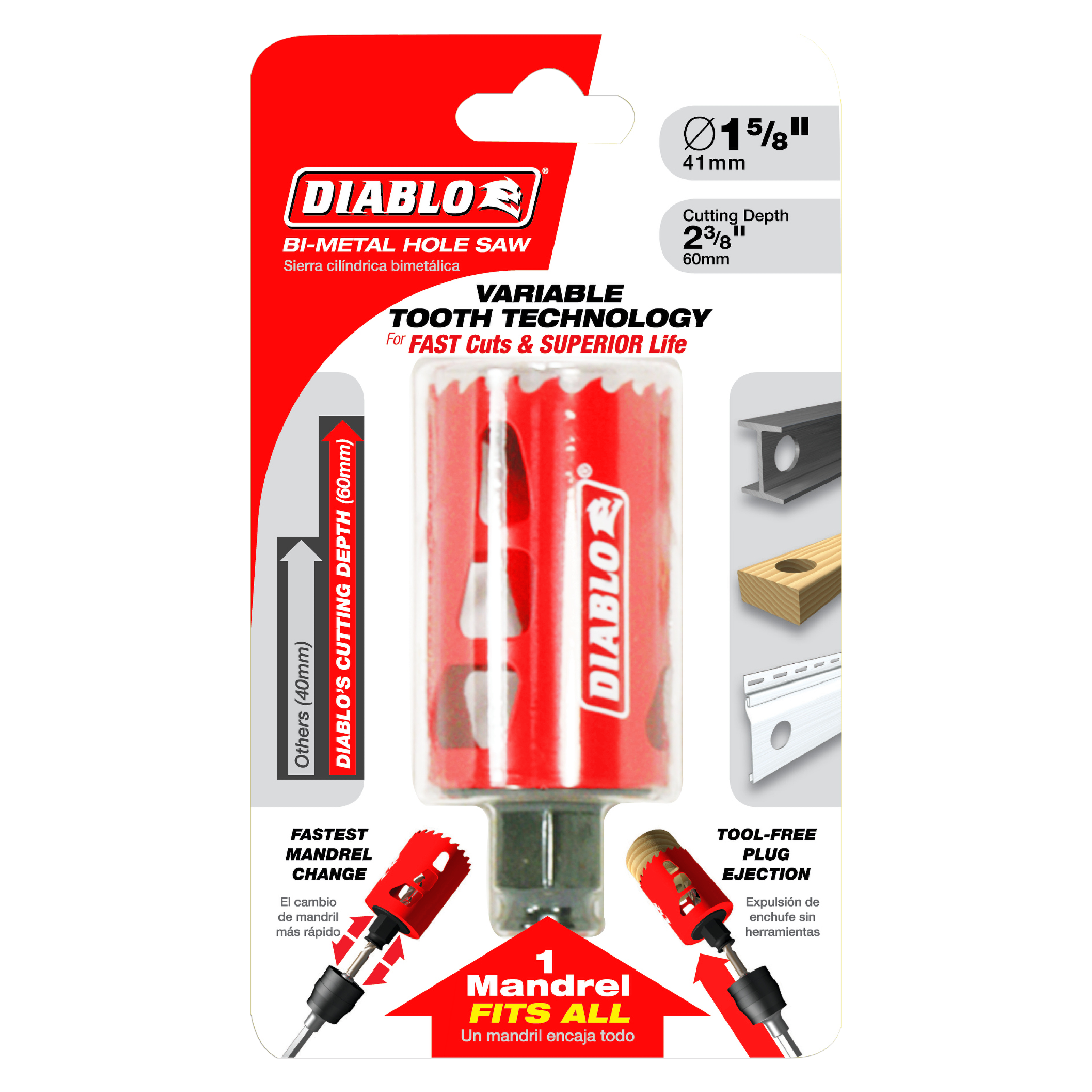 Red and white Diablo bi-metal hole saw with 1-5/8 inch diameter, 2-3/8 inch cutting depth, shown in packaging with mandrel an