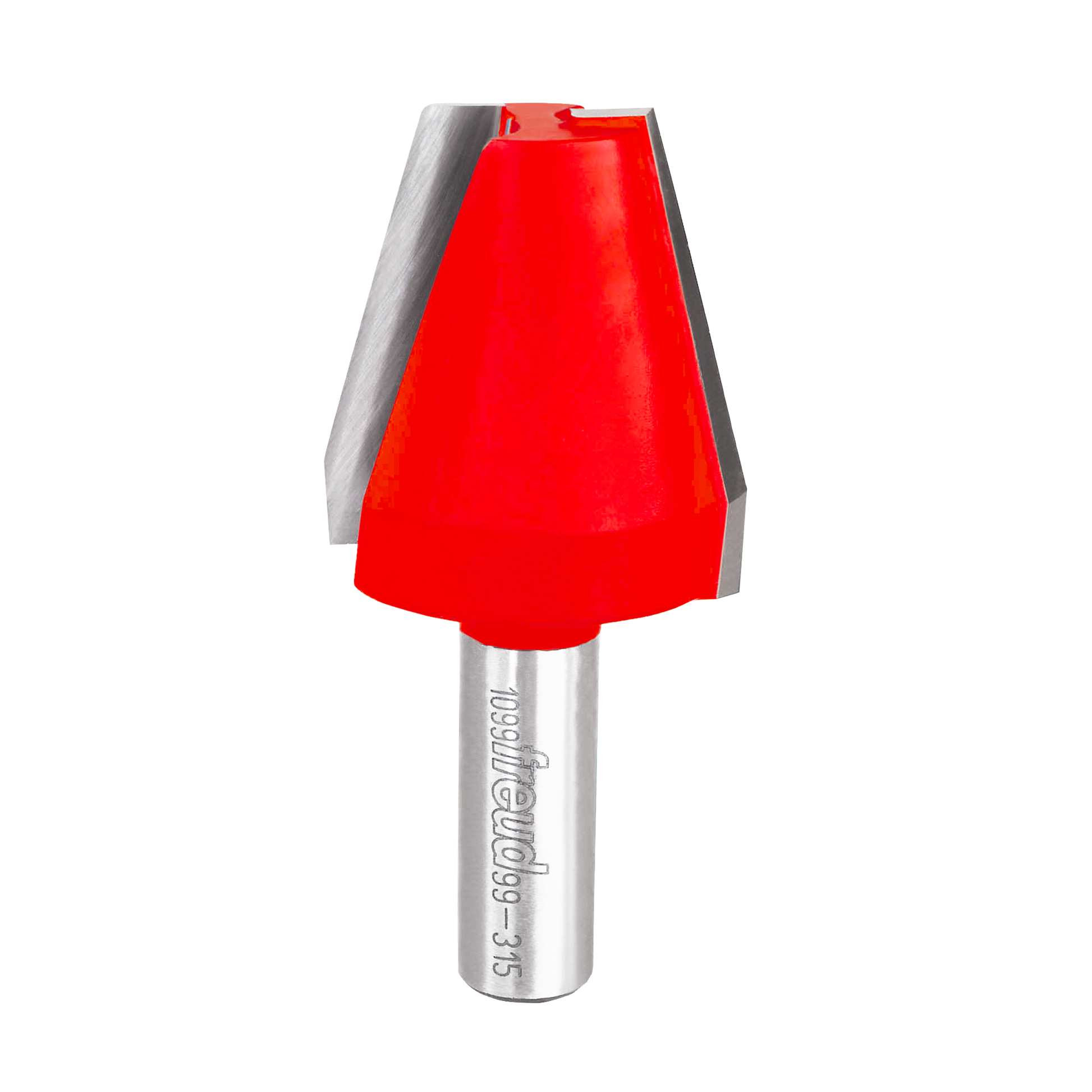 Red and gray vertical raised panel router bit with 1-1/2" diameter cutting head and metal shank.
