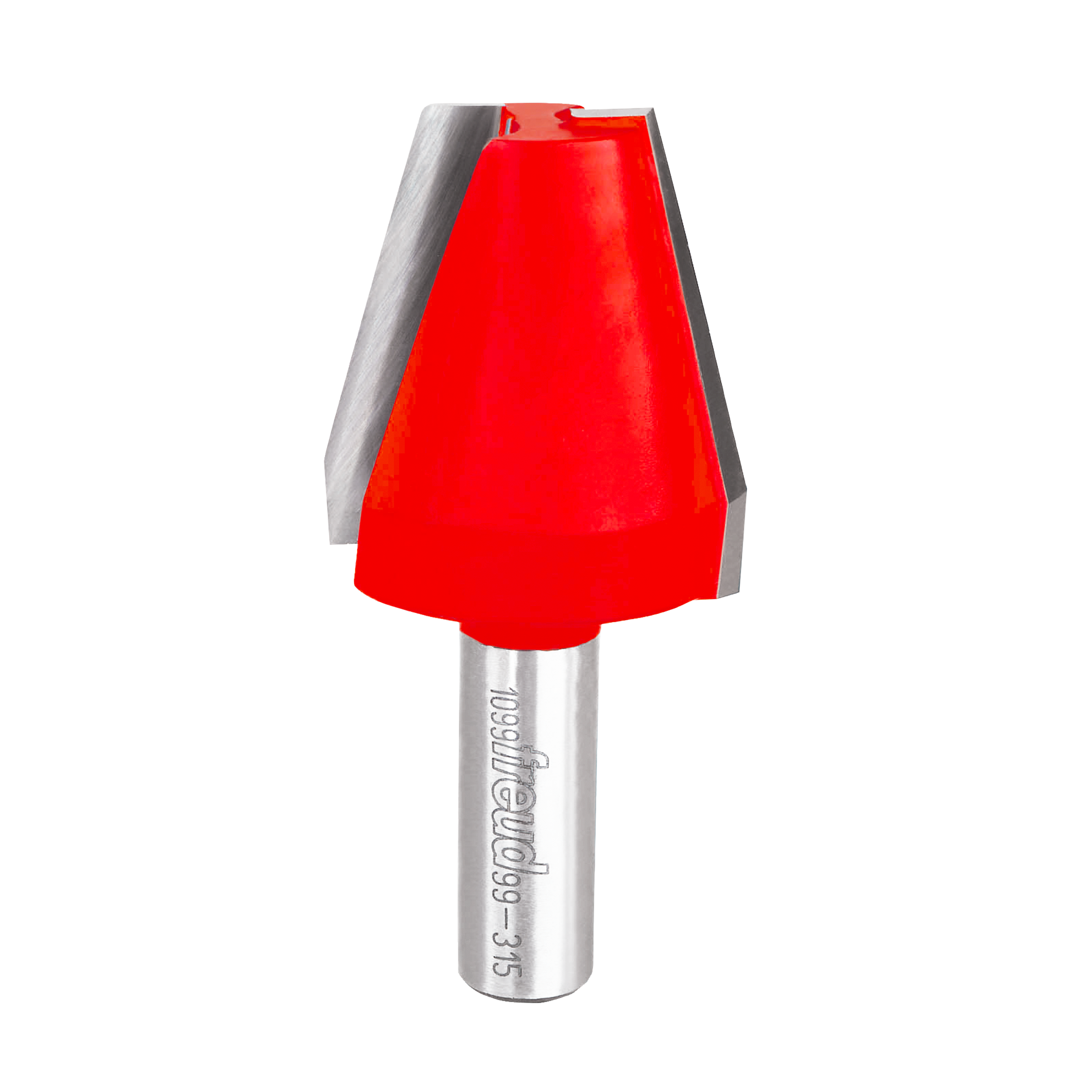 Red and gray vertical raised panel router bit with 1-1/2" diameter cutting head and metal shank.